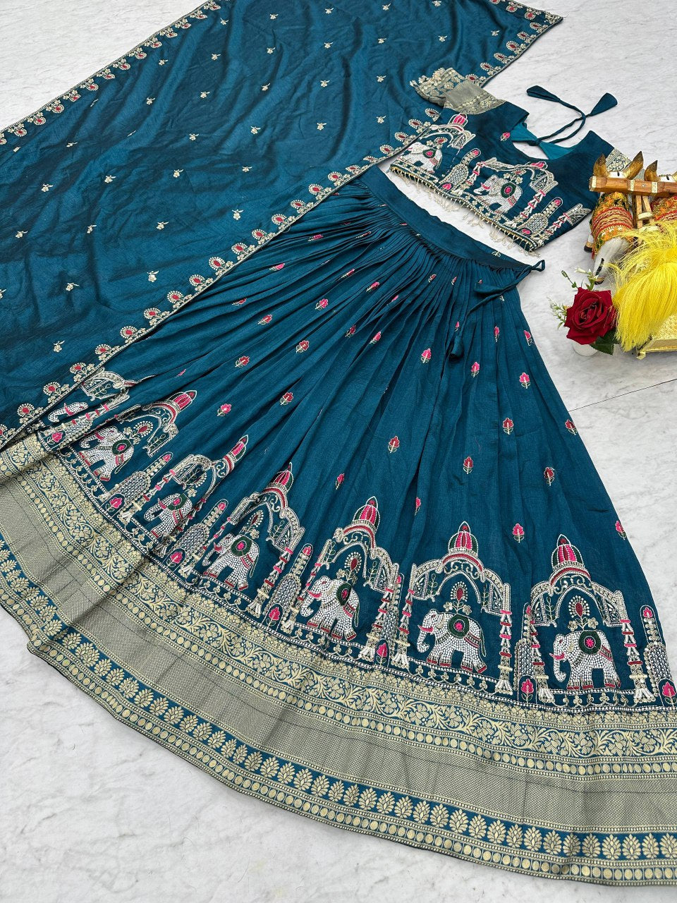 South Collection Satin Silk Lehenga Choli with Heavy Embroidery Sequence Work - Fully Stitched