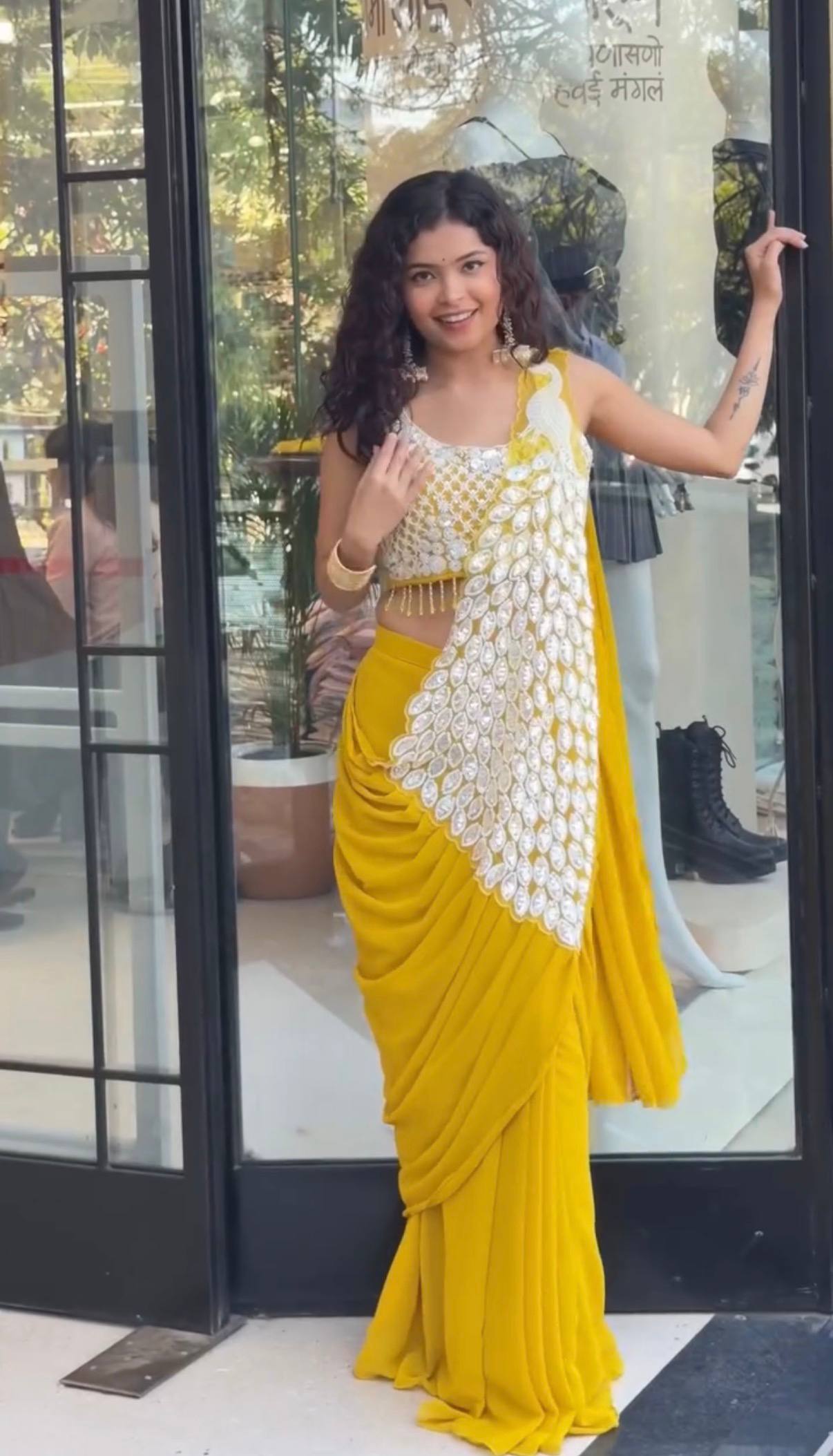 New Superhit Trending Faux Georgette Ready to Wear Saree with Fully Embroidered Stylish Blouse - Fully Stitched