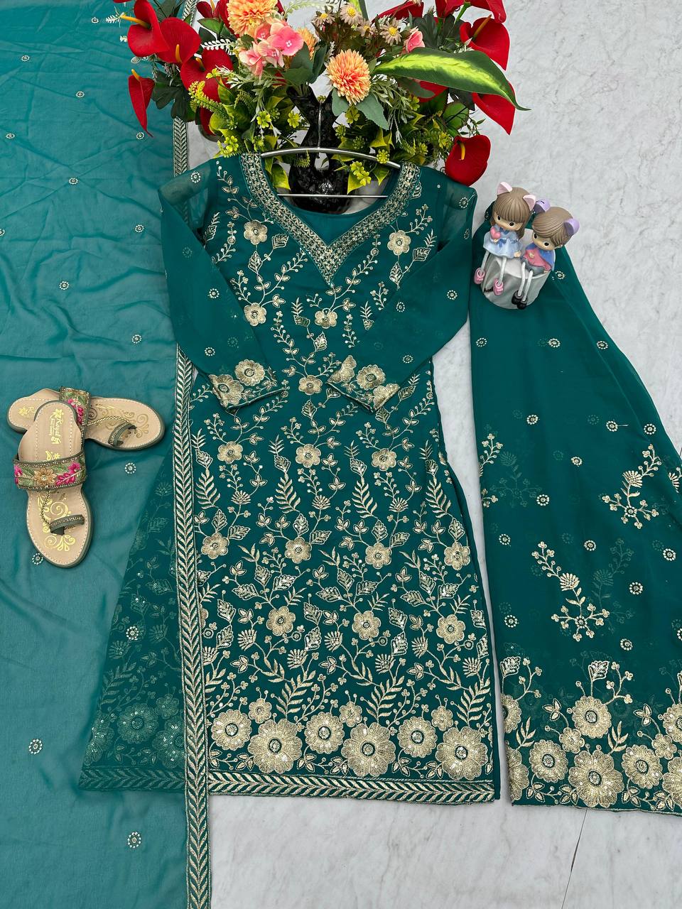 Designer Party Wear Embroidered Palazzo Suit Set with Dupatta - Fully Stitched