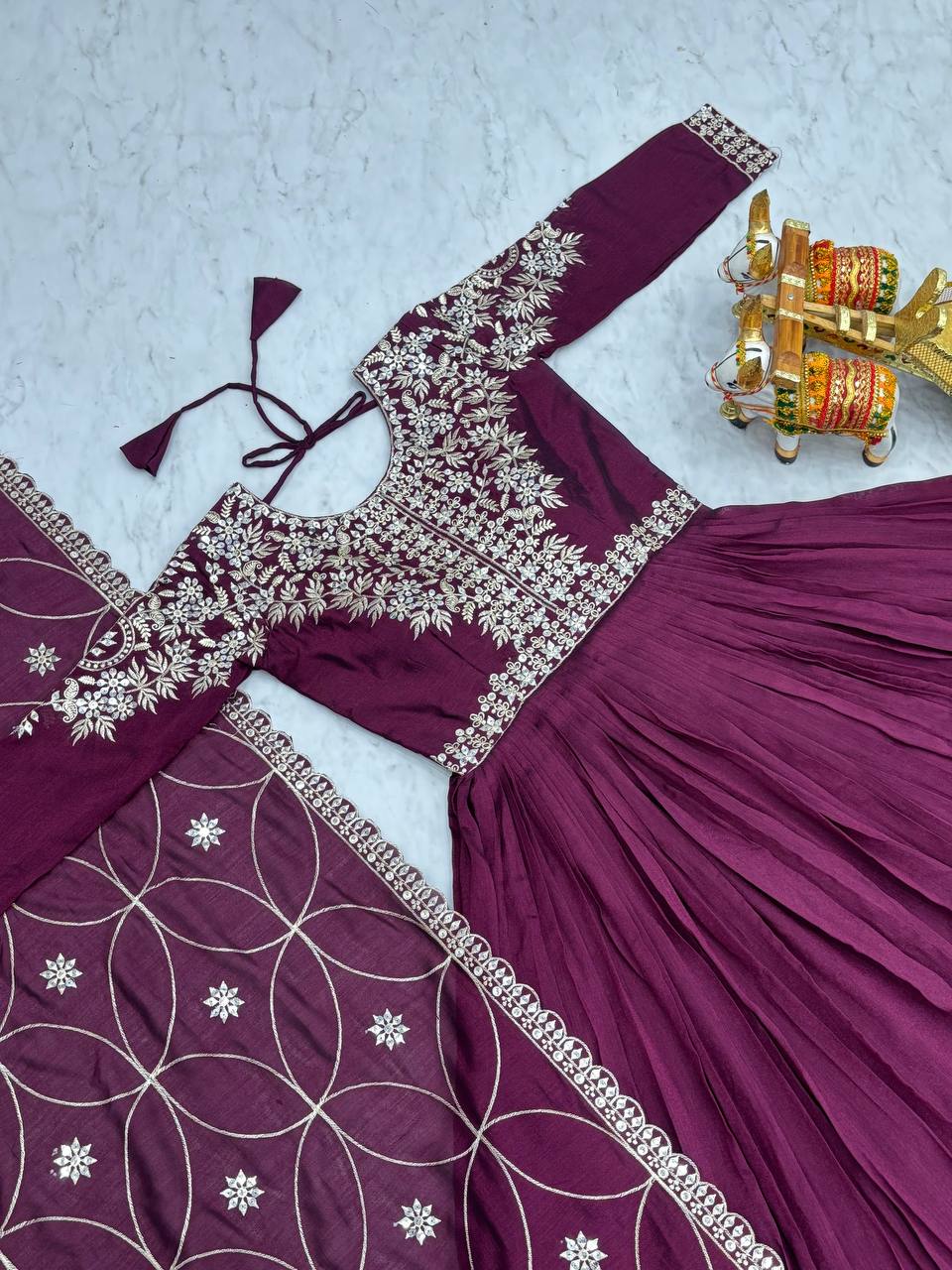 New Festival Collection Vichitra Silk Long Gown with Heavy 7MM Sequence Embroidery Dupatta - Fully Stitched