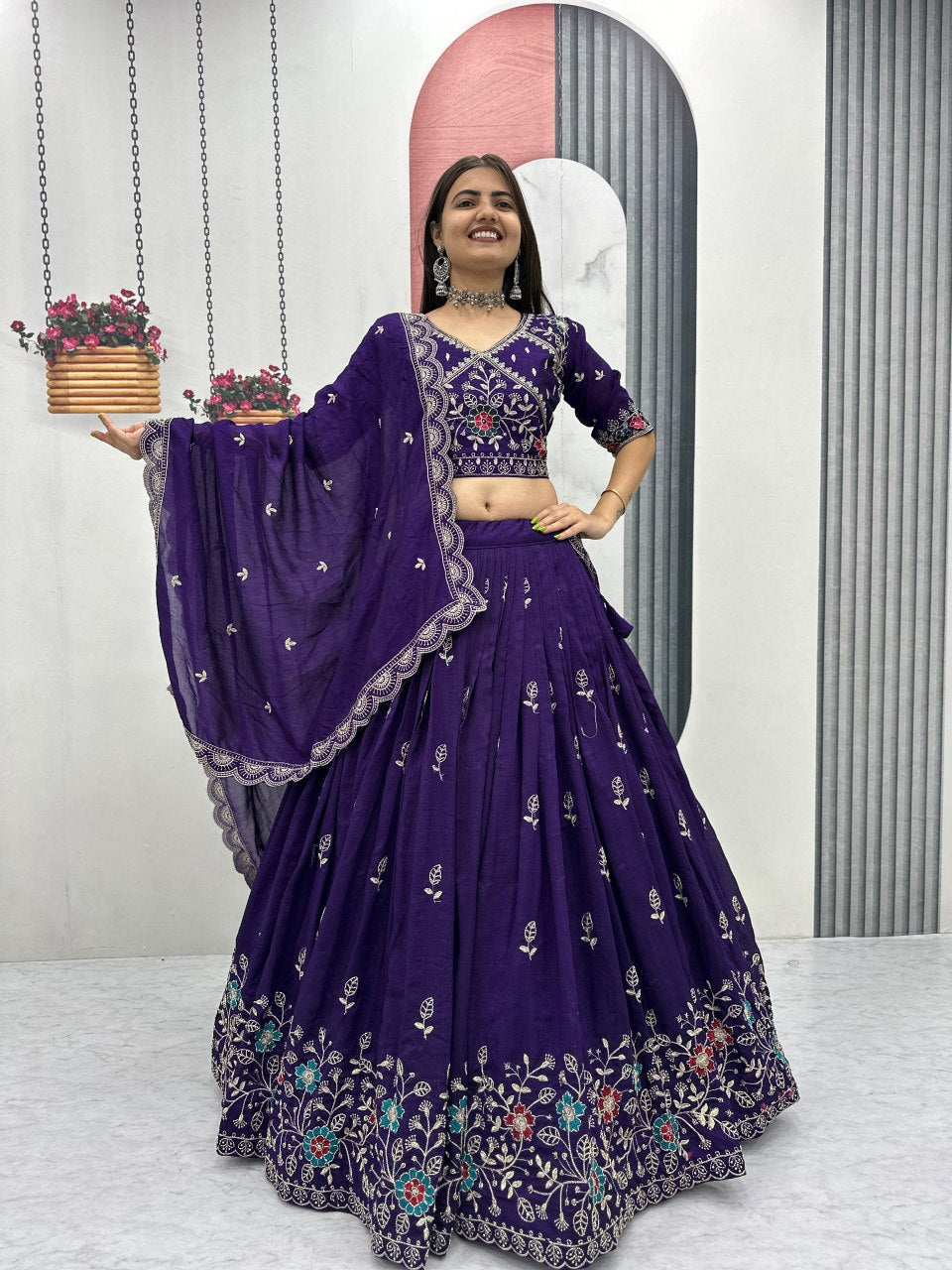 New Festival Pure Blooming Vichitra Silk Lehenga Choli with Heavy Embroidery Work - Fully Stitched