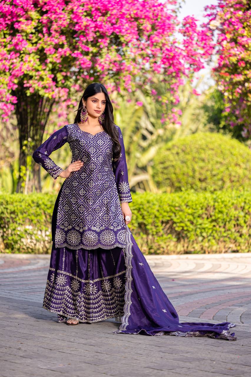 Designer Party Wear Chinon Kurti Palazzo Set with Embroidery Sequence Work- Fully Stitched