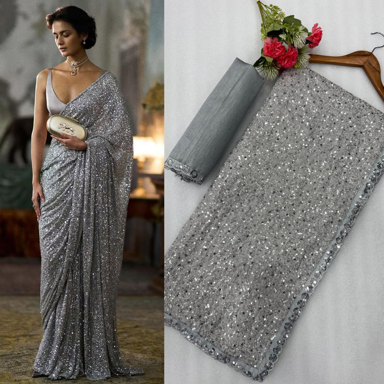 Bollywood Alia Bhatt Inspired Faux Georgette Sequins Embroidered Designer Saree