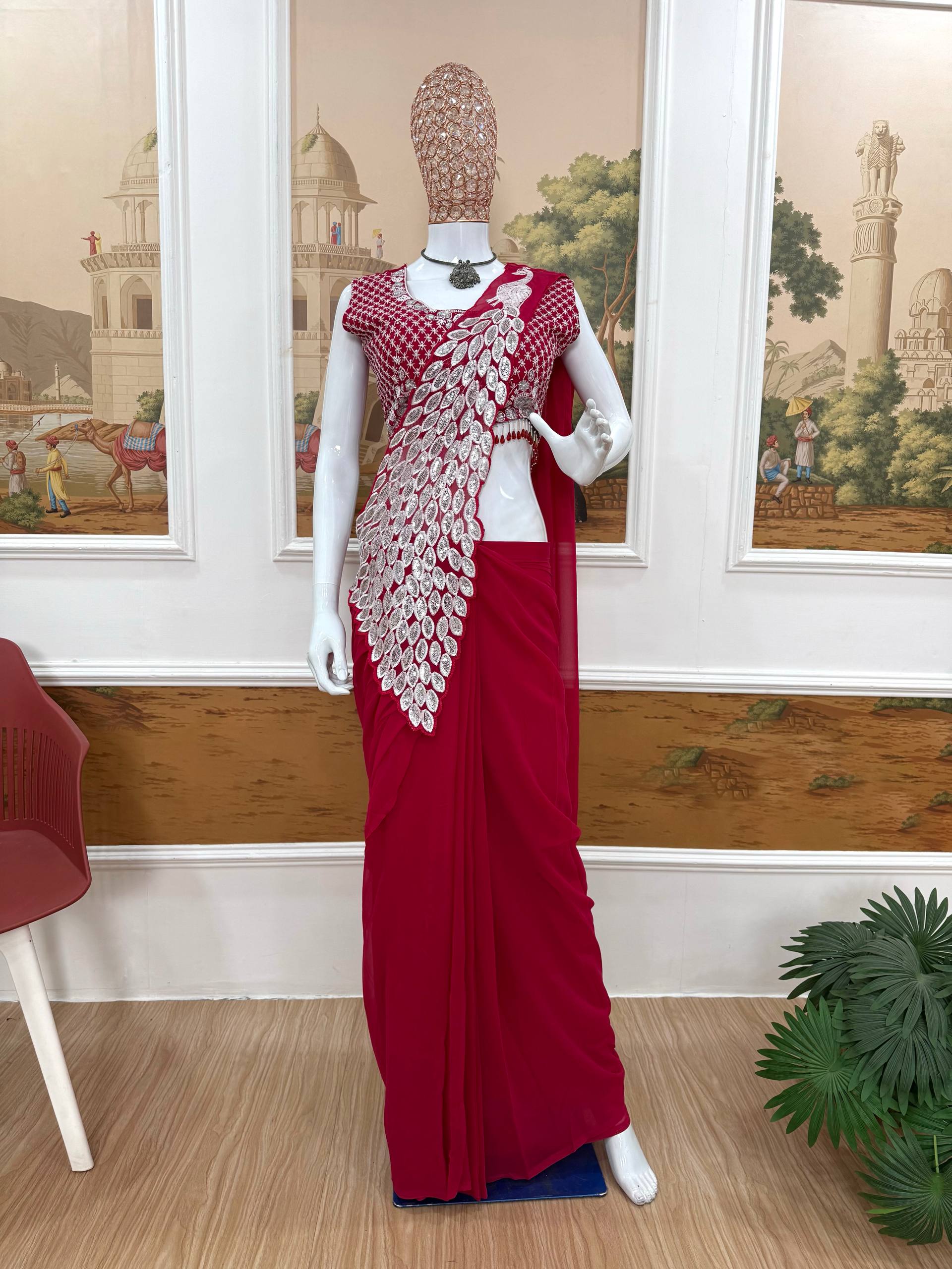 New Superhit Trending Faux Georgette Ready to Wear Saree with Fully Embroidered Stylish Blouse - Fully Stitched