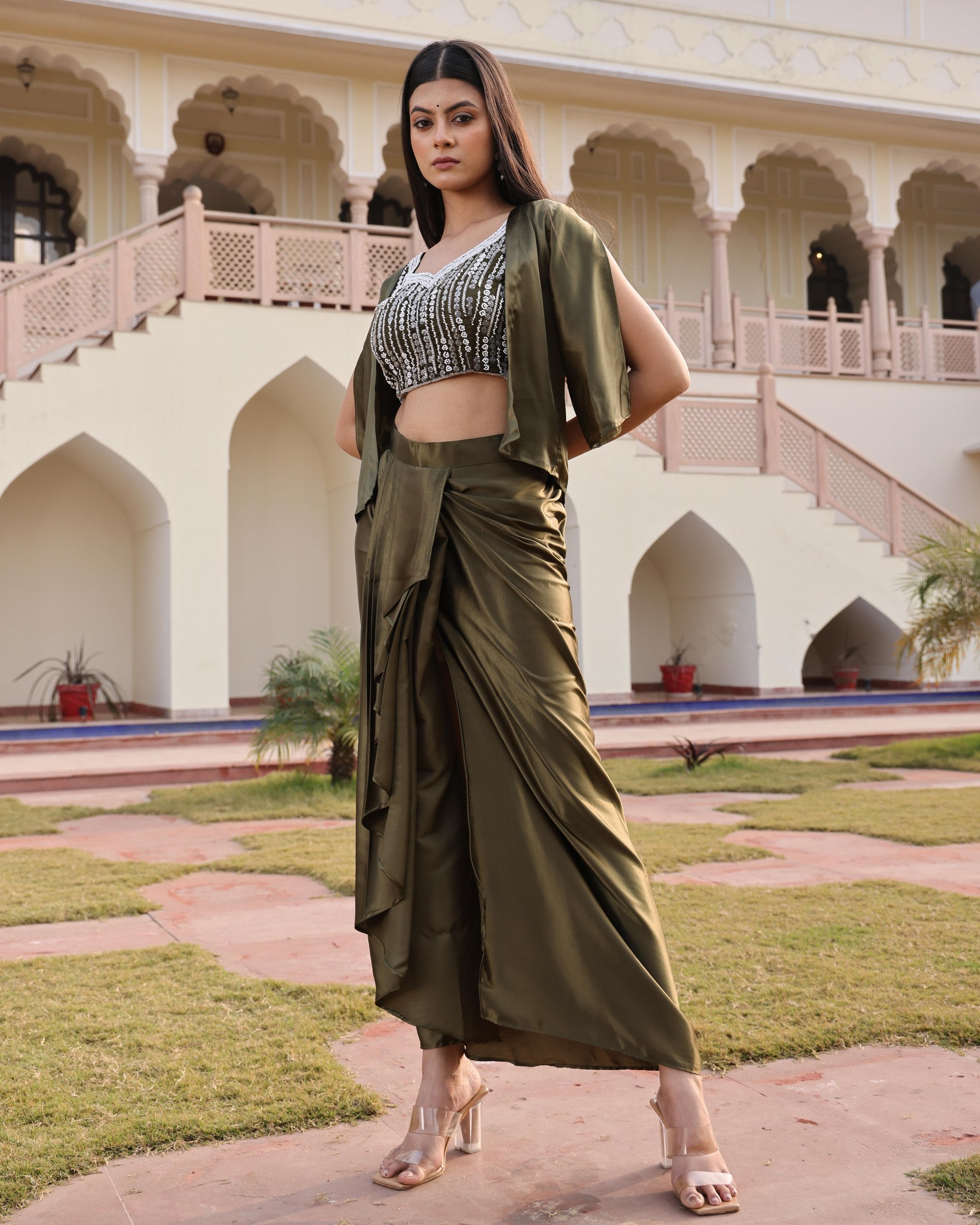 Premium Mehendi Satin Silk Indo-Western Drape Skirt Set with Embroidered Top and Shrug- Fully Stitched