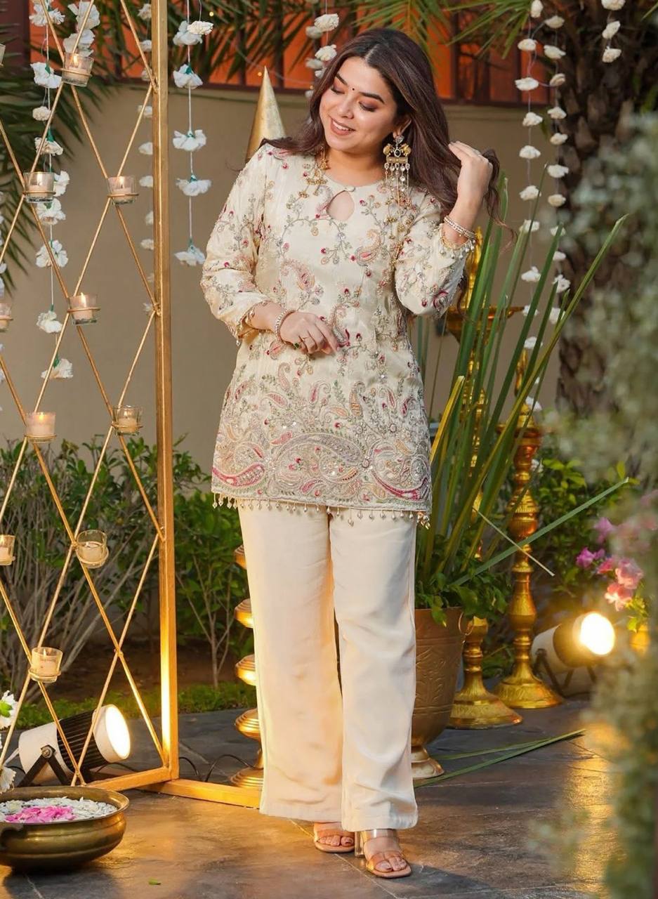 Designer Silk Embroidered Top & Pant Co-Ord Set for Women | Party Wear Ethnic Outfit