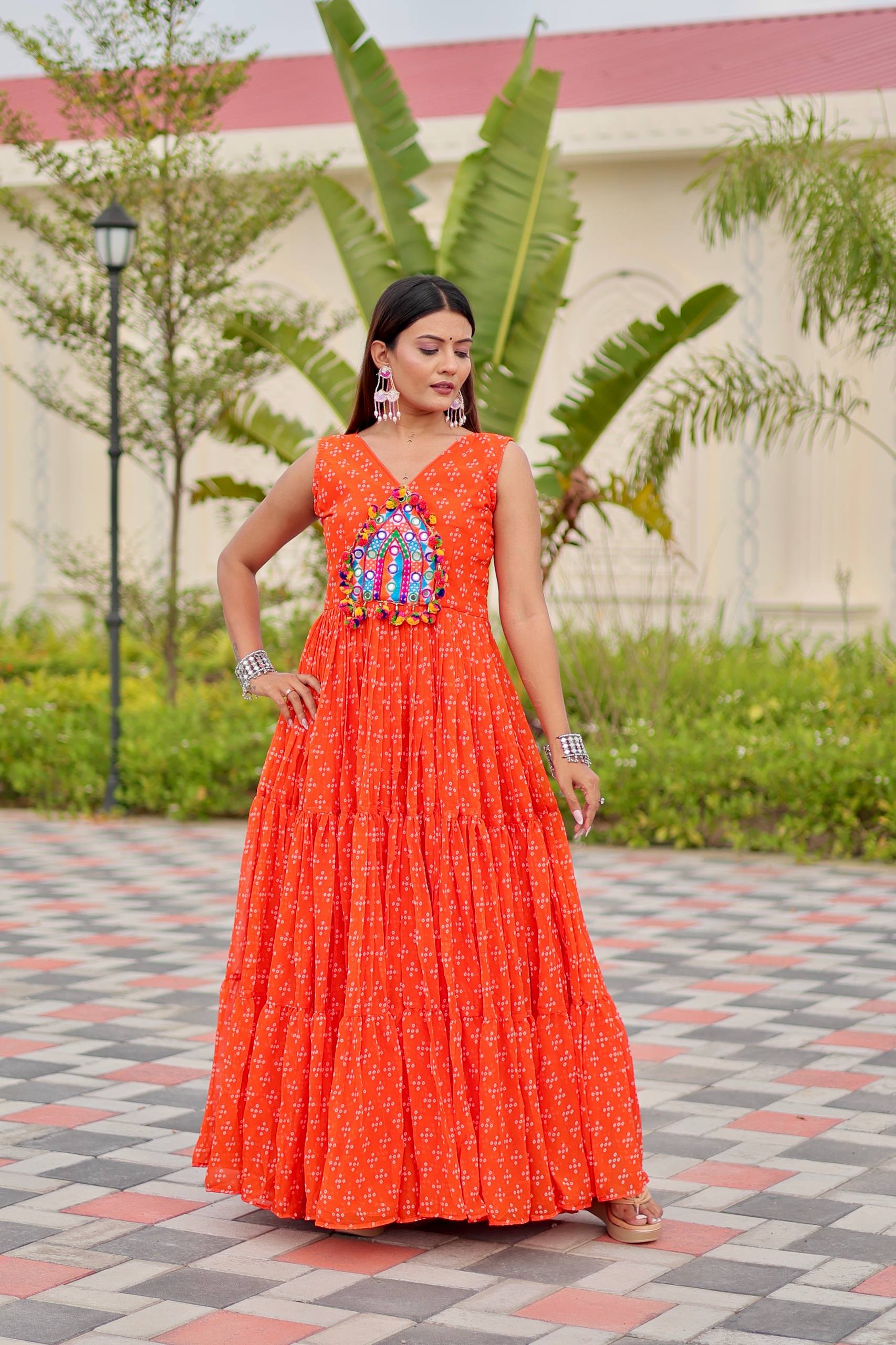 Navratri Special Faux Georgette Gown with Embroidery Thread Work and Real Mirror - Fully Stitched