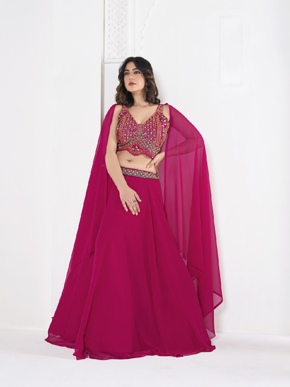 Premium Rani Pink Georgette Lehenga Choli with Embroidered Beads Work and Cape Dupatta