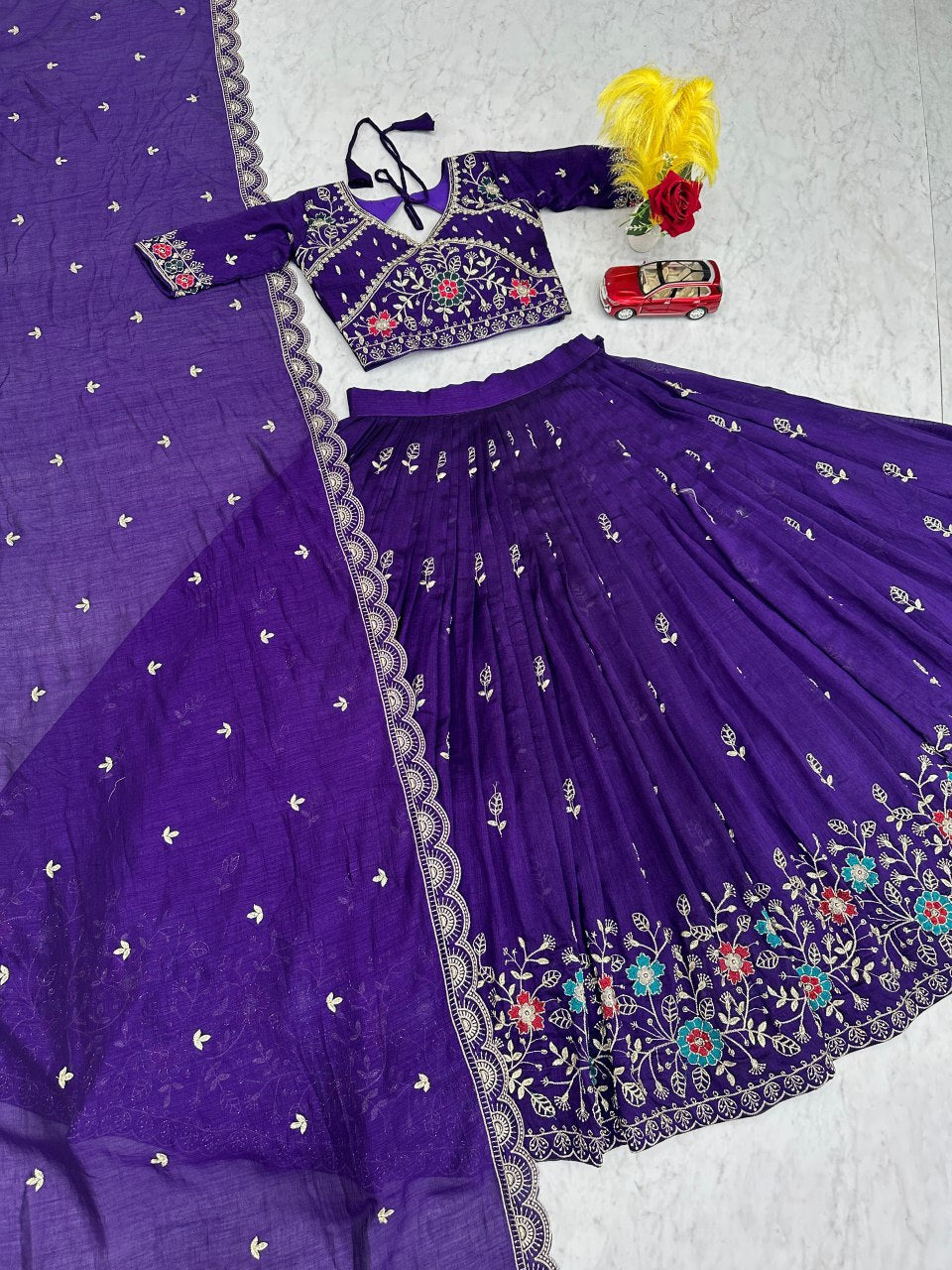 New Festival Pure Blooming Vichitra Silk Lehenga Choli with Heavy Embroidery Work - Fully Stitched