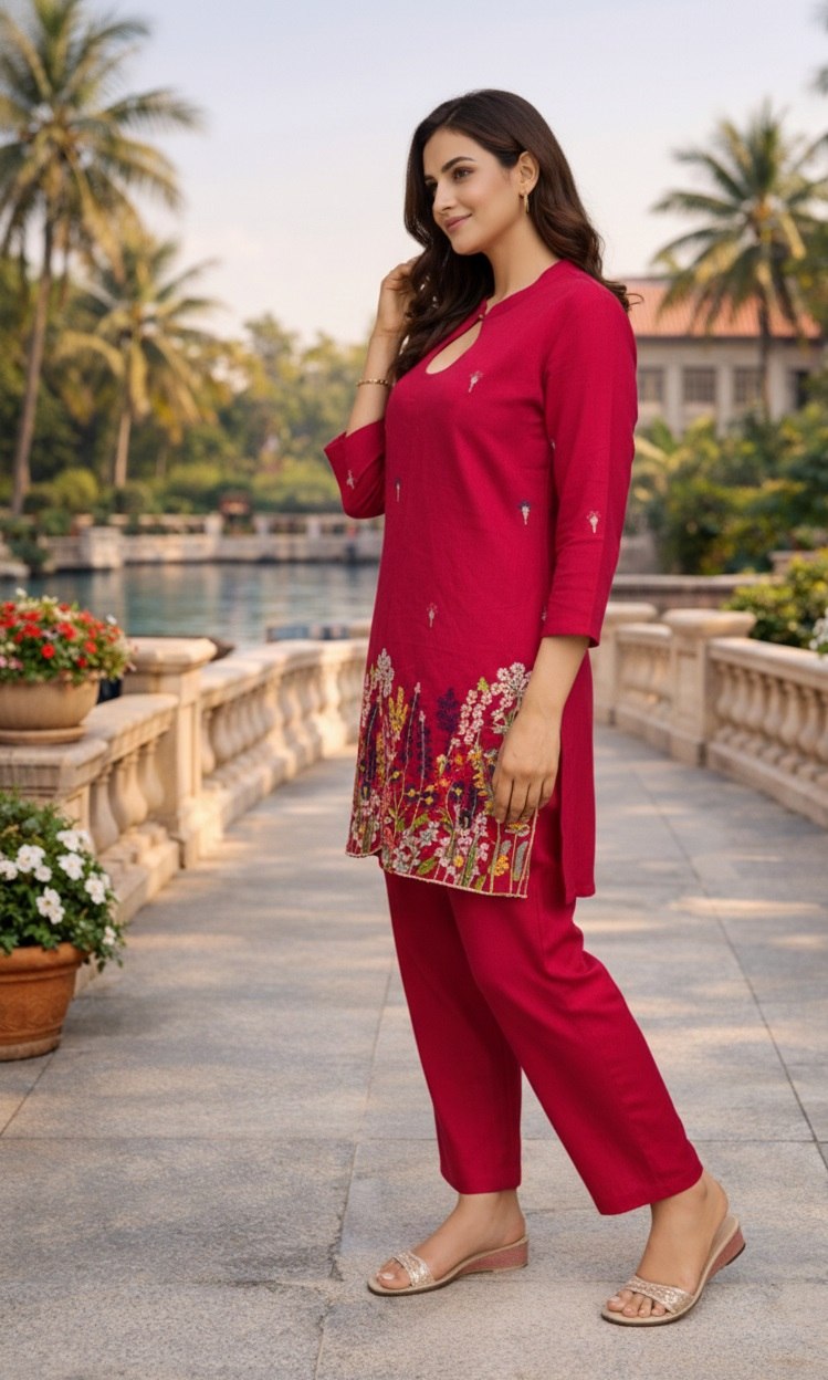 Women's Cotton Silk Embroidered Co-Ord Set with Round Neck Top and Pant - Fully Stitched