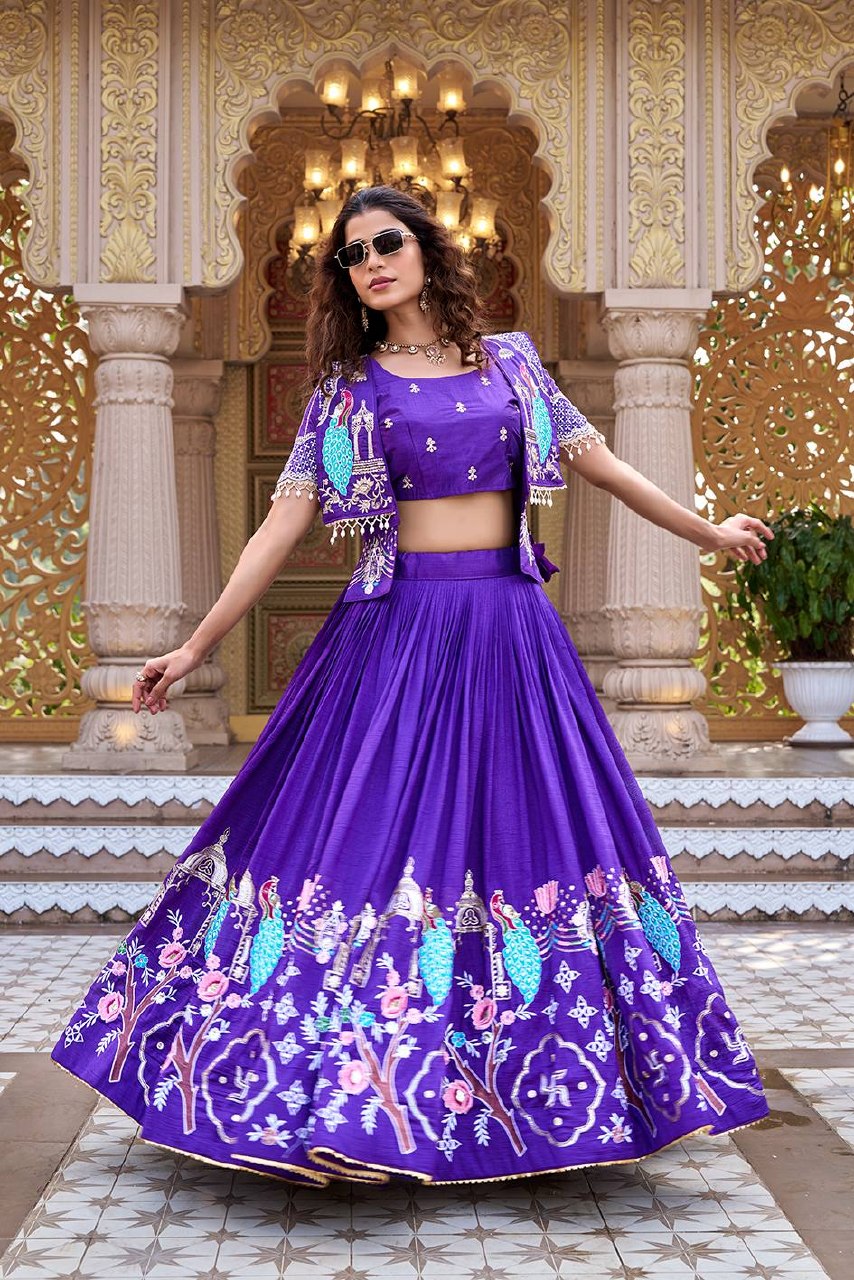 Festival Collection Pure Vichitra Lehenga Choli with Embroidered Koti - Fully Stitched