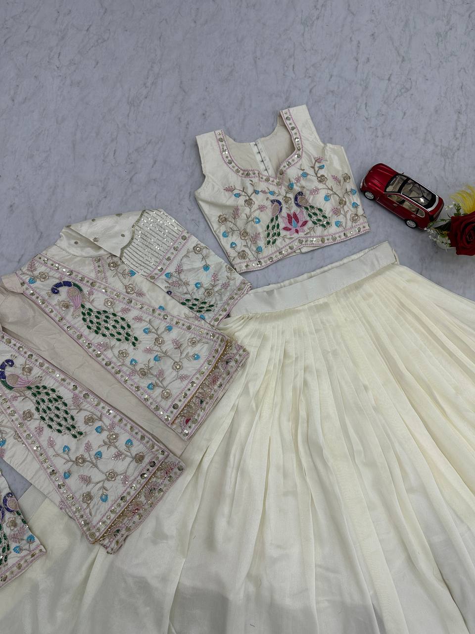 Launching Festival Special Vichitra Silk Crop Top Lehenga with Embroidered Jacket - Fully Stitched