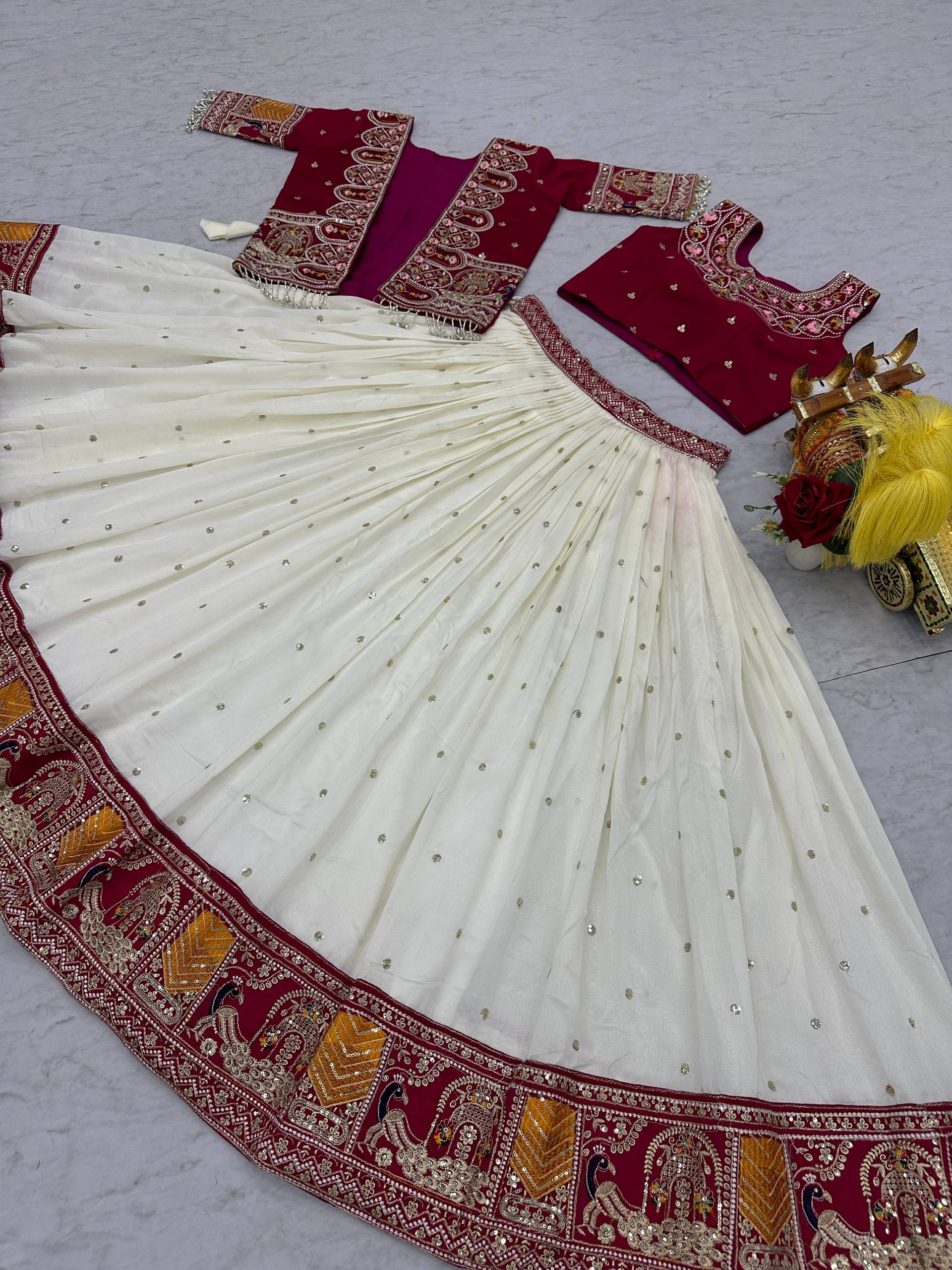 Festival Collection Pure Vichitra Lehenga Choli with Embroidered Koti - Fully Stitched