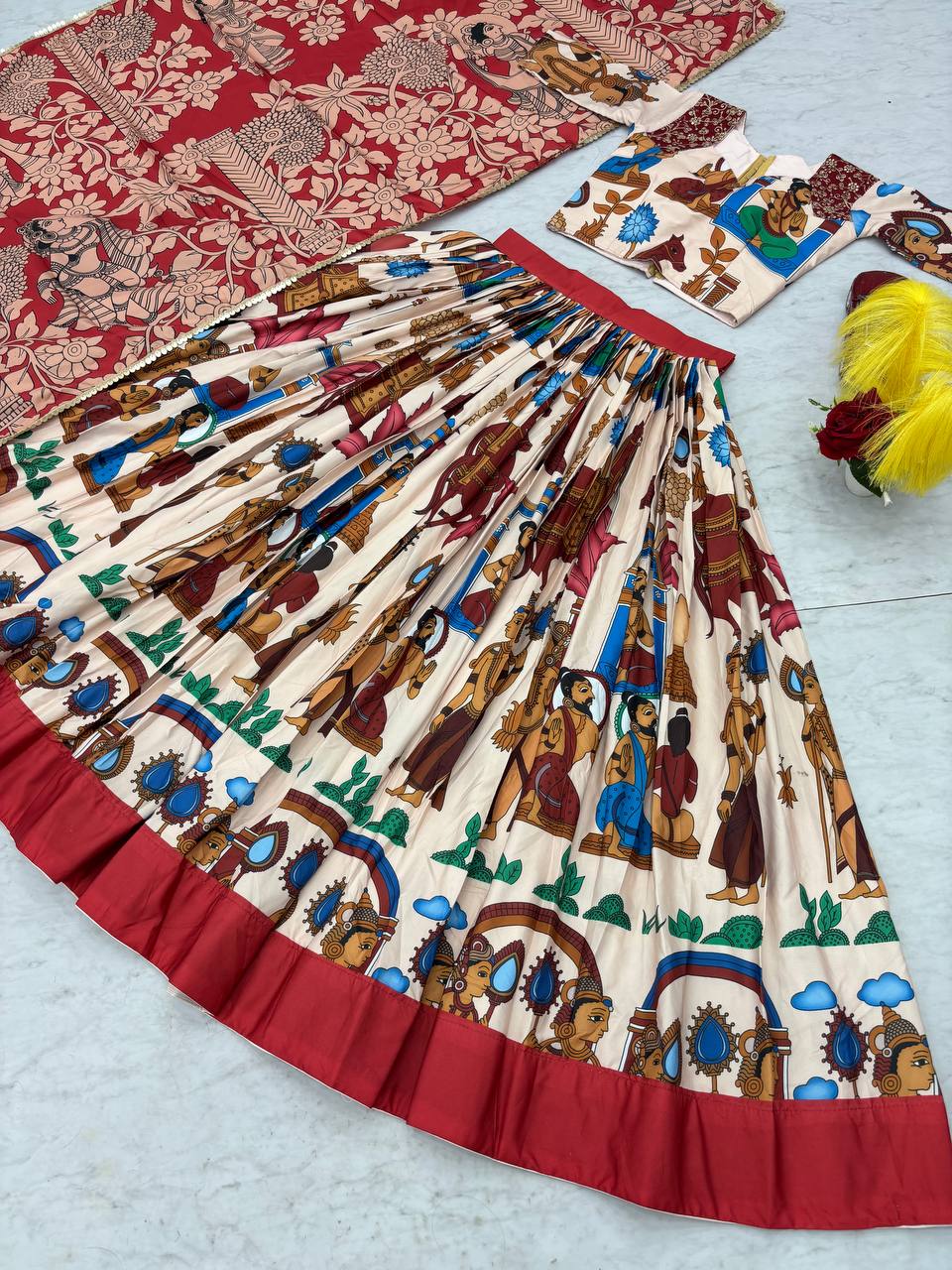 Traditional Kalamkari Print Cotton Lehenga Choli with Dupatta - Fully Stitched