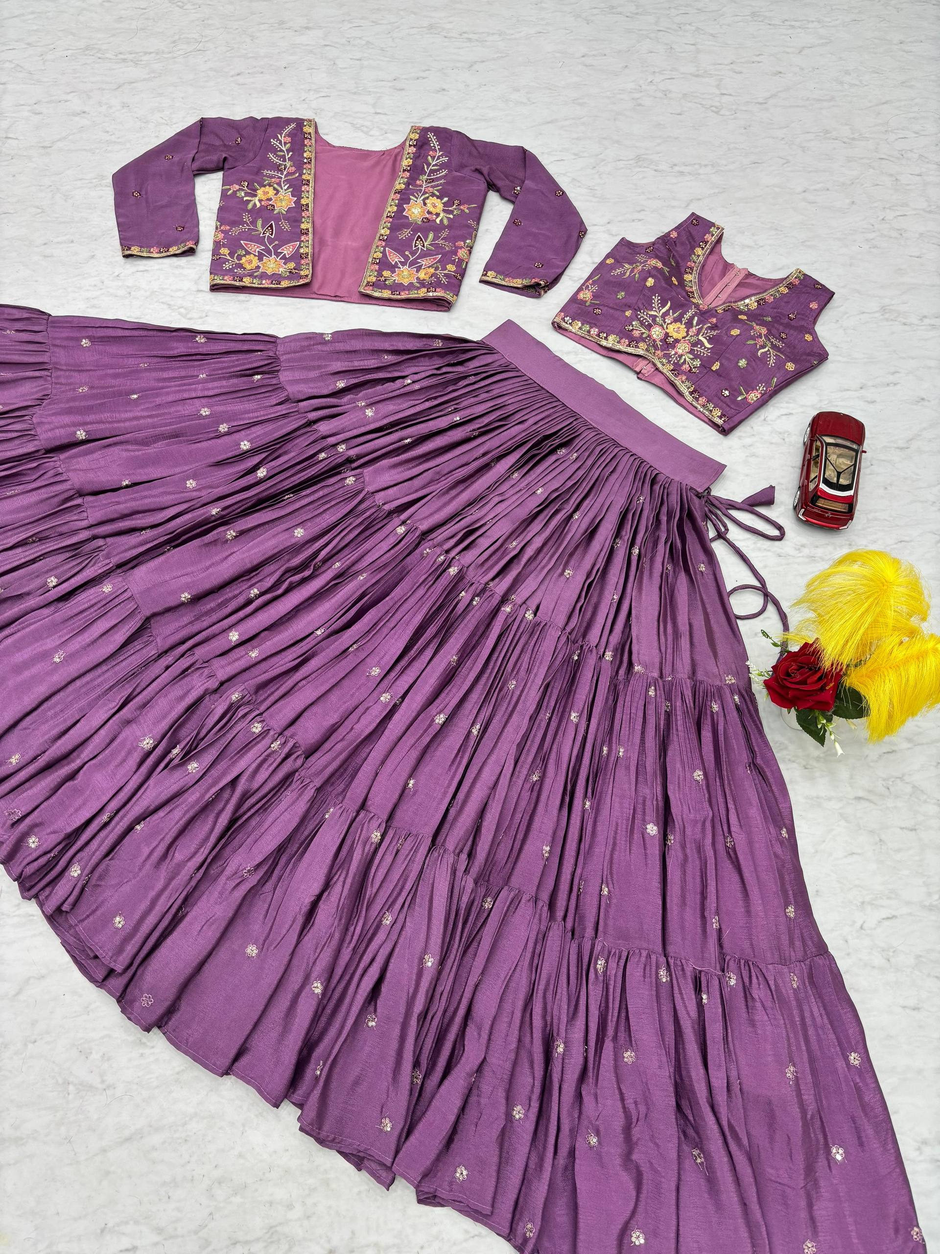 Festival Special Chinon Crop Top Lehenga with Embroidered Jacket - Fully Stitched