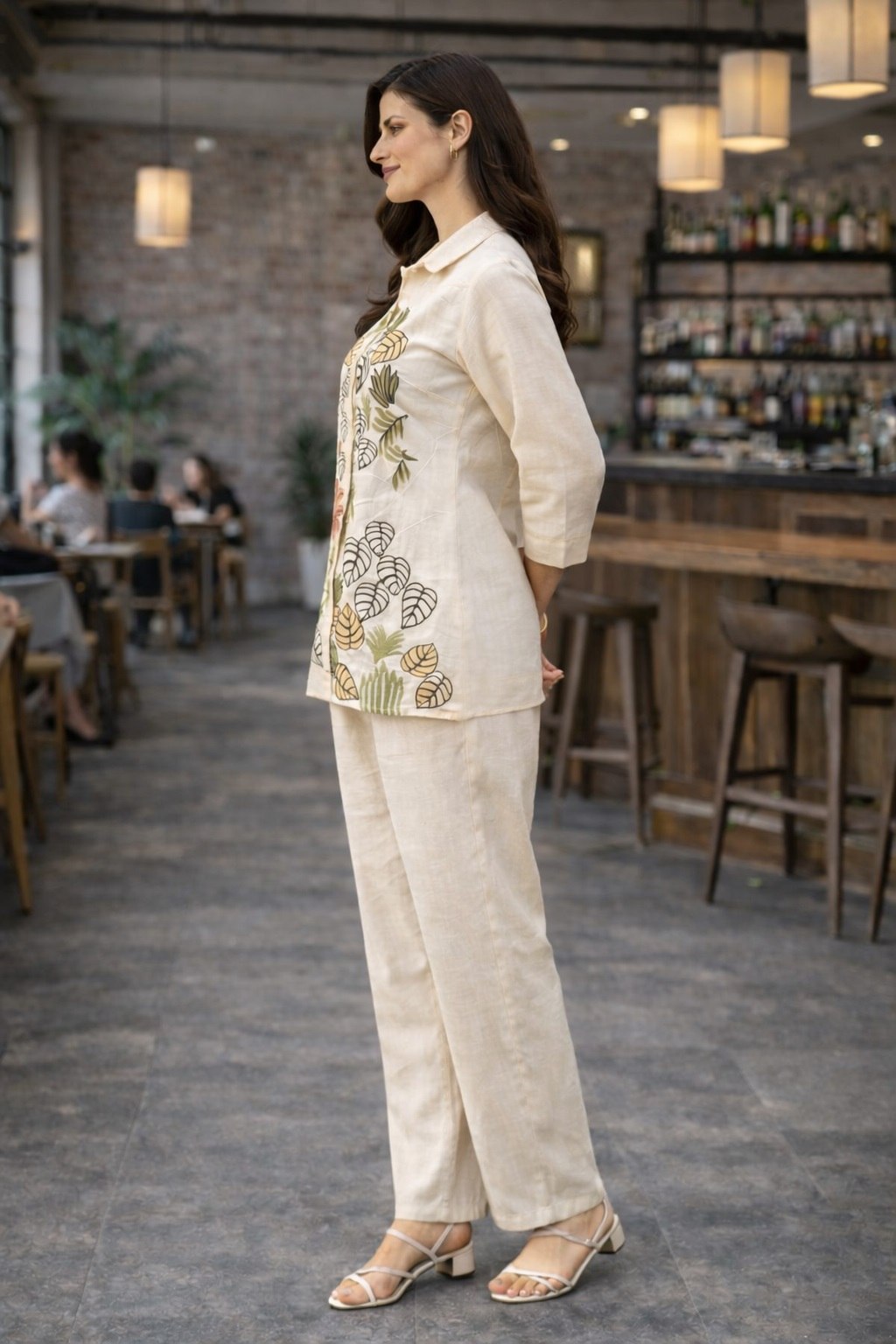 Women's Cotton Embroidered Co-Ord Set with Shirt Collar Top and Pant - Fully Stitched