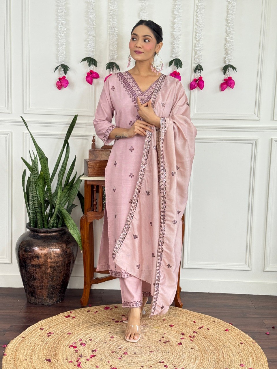 Stylish PV Chanderi Embroidered Kurta Pant Set with Silk Dupatta for Party Wear - Fully Stitched
