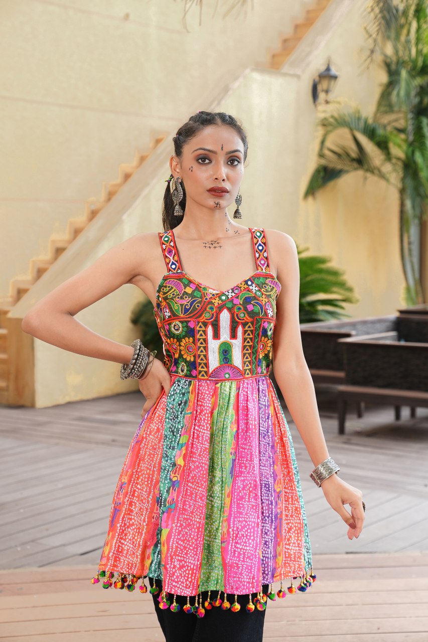 Navratri Special Multicolor Embroidered Kurti with Original Mirror Work - Fully Stitched