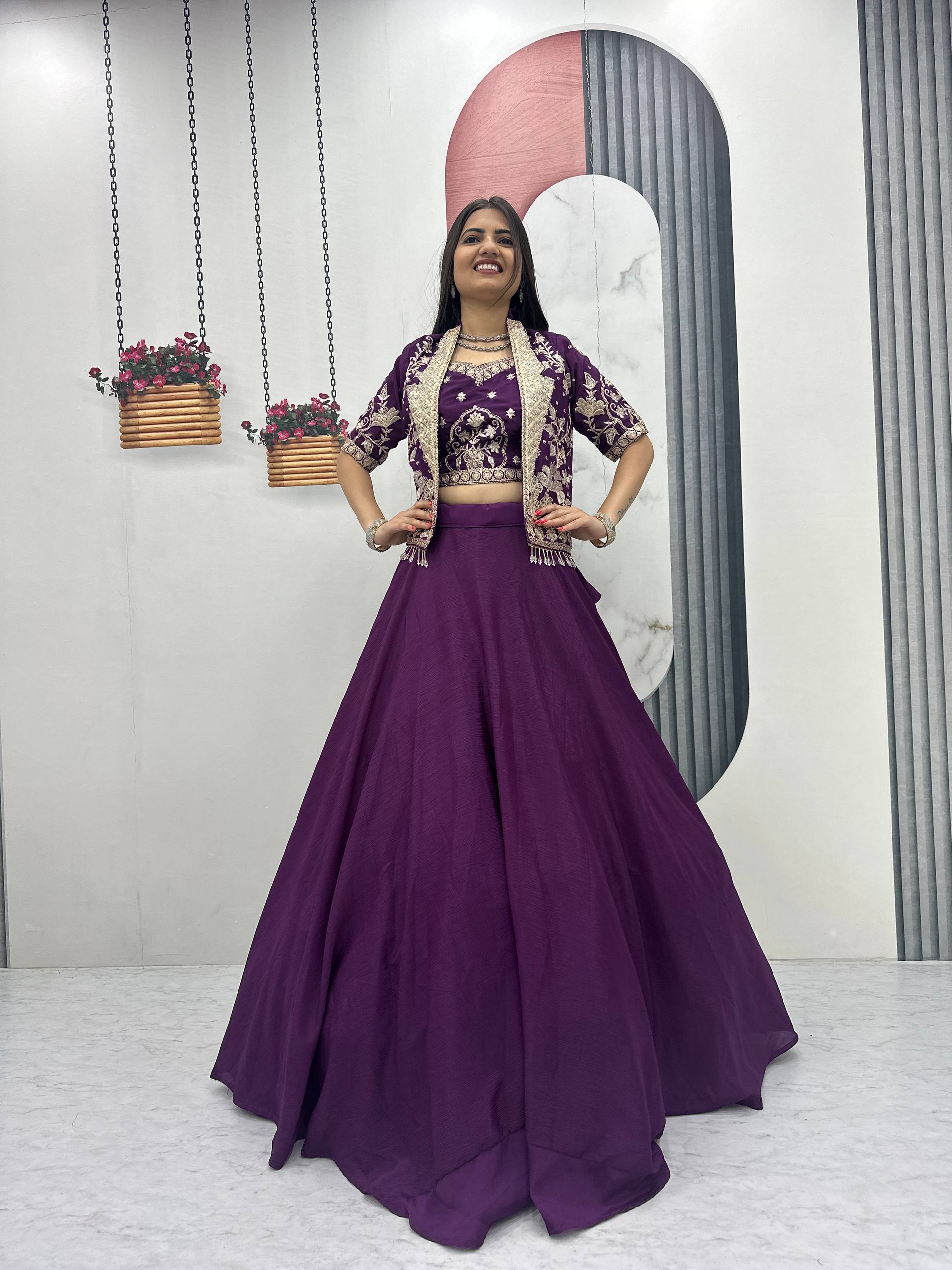 Festival Special Vichitra Silk Crop Top Lehenga with Embroidered Jacket - Fully Stitched