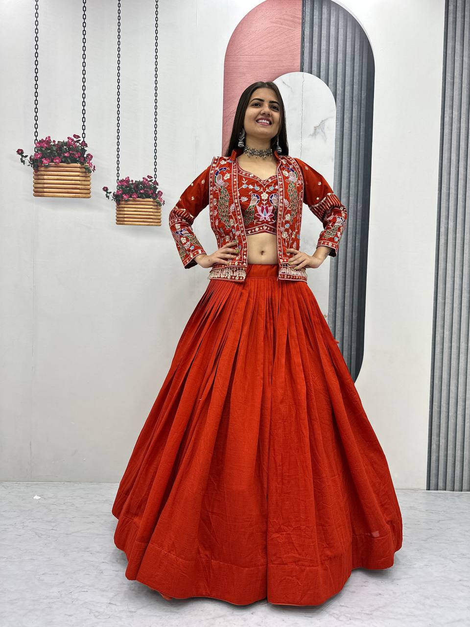 Launching Festival Special Vichitra Silk Crop Top Lehenga with Embroidered Jacket - Fully Stitched