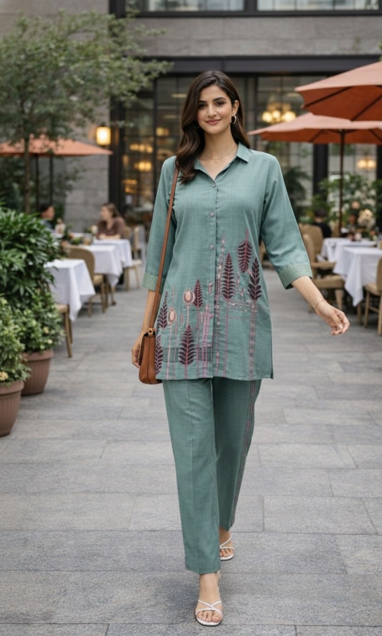 Women's Poly Linen Cotton Embroidered Co-Ord Set with Shirt Collar Top and Pant - Fully Stitched