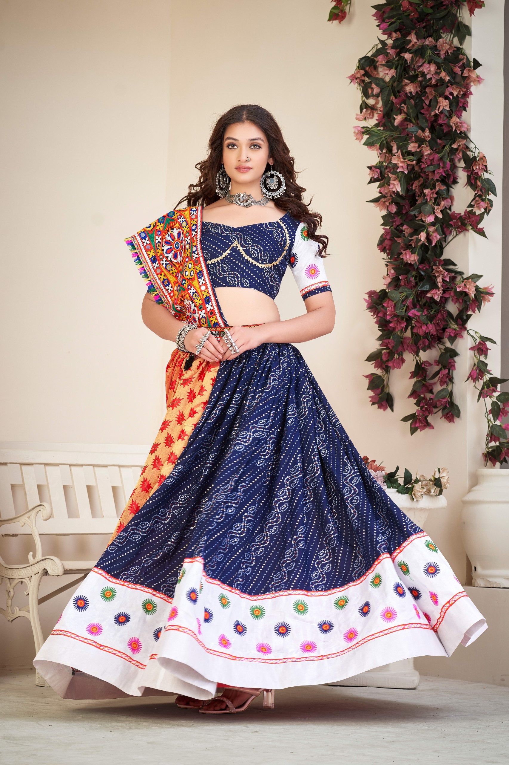 Navratri Special Blue Bandhani Chaniya Choli with Mirror Work and Silk Dupatta