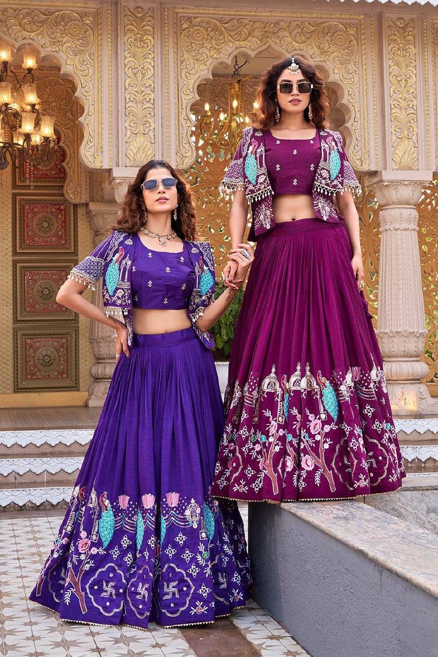 Festival Collection Pure Vichitra Lehenga Choli with Embroidered Koti - Fully Stitched