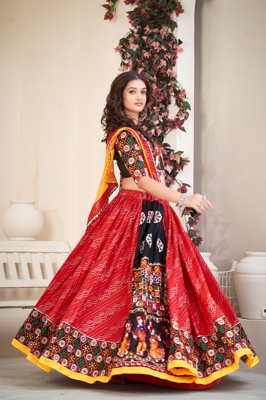 Navratri Special Red Bandhani Chaniya Choli with Mirror Work