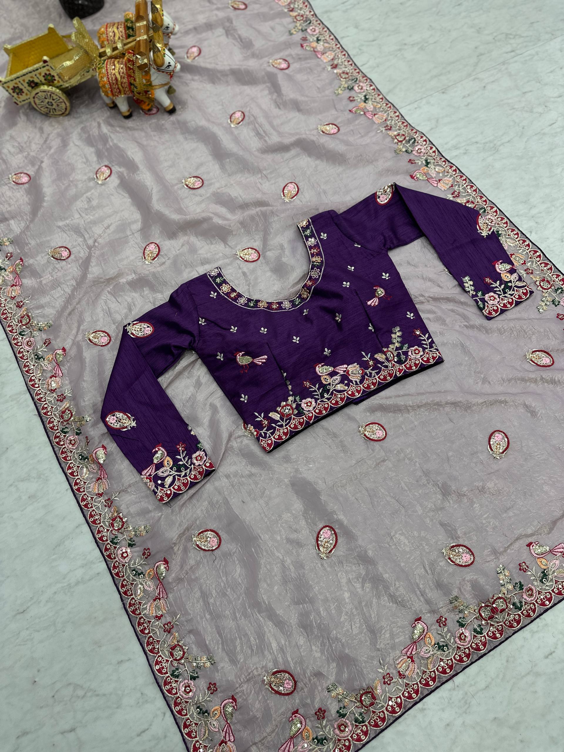 Festival Wedding Saree in Pure HO Silk with Heavy Thread and Sequence Embroidery Work - Ready-Made Patli