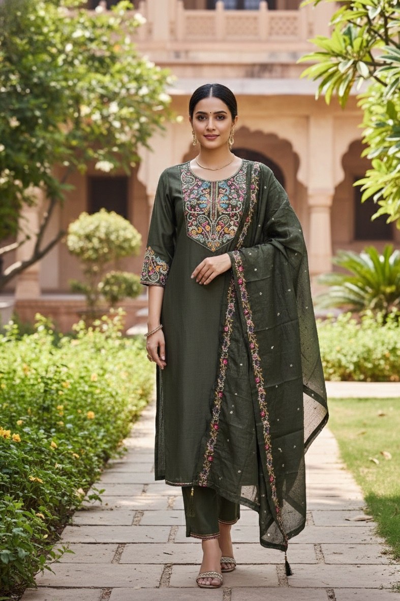 Designer Cotton Silk Embroidered Kurti Pant Set with Dupatta - Fully Stitched