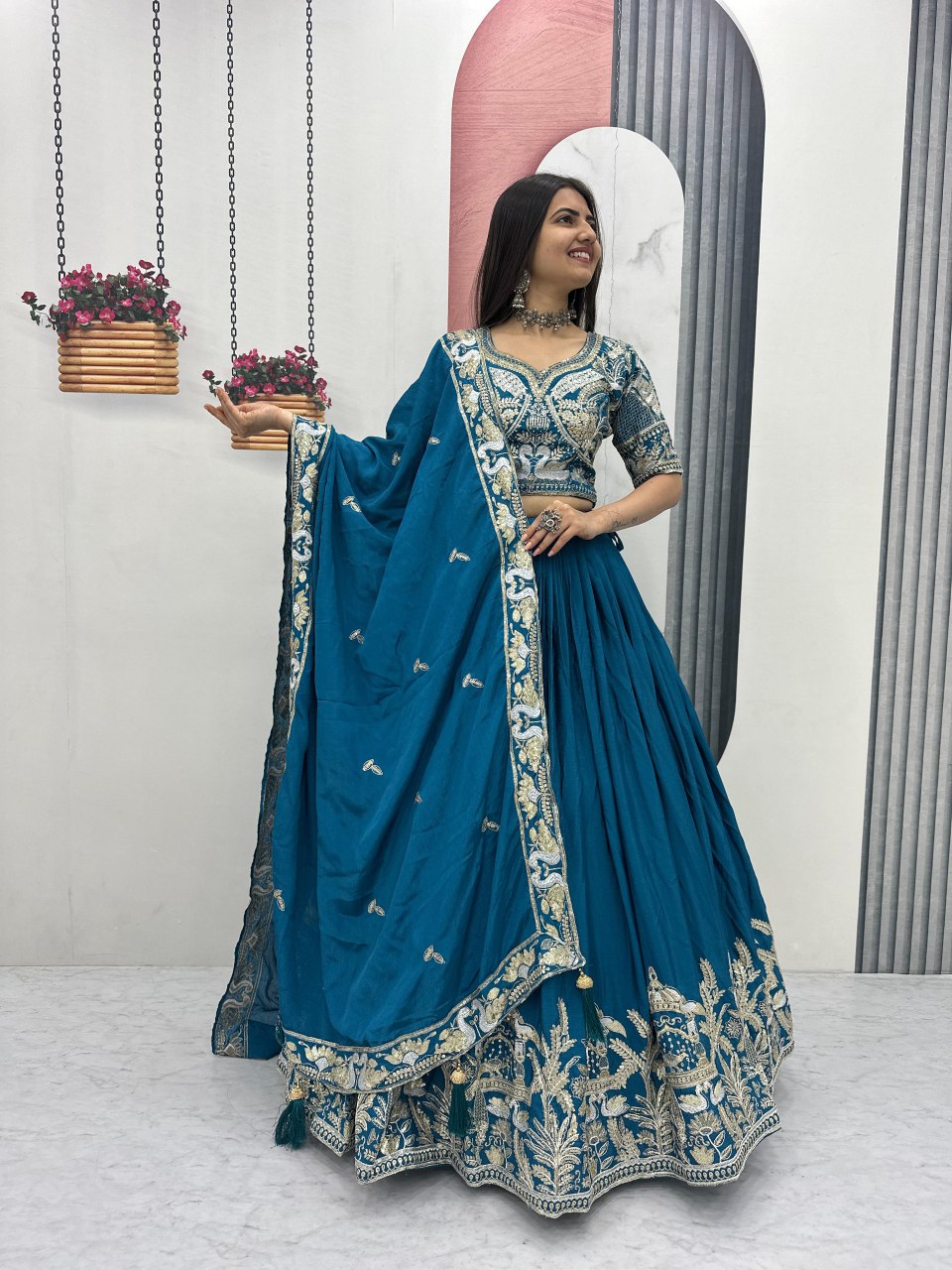 New Festival Chinon Lehenga Choli with Heavy Embroidered Dupatta - Fully Stitched