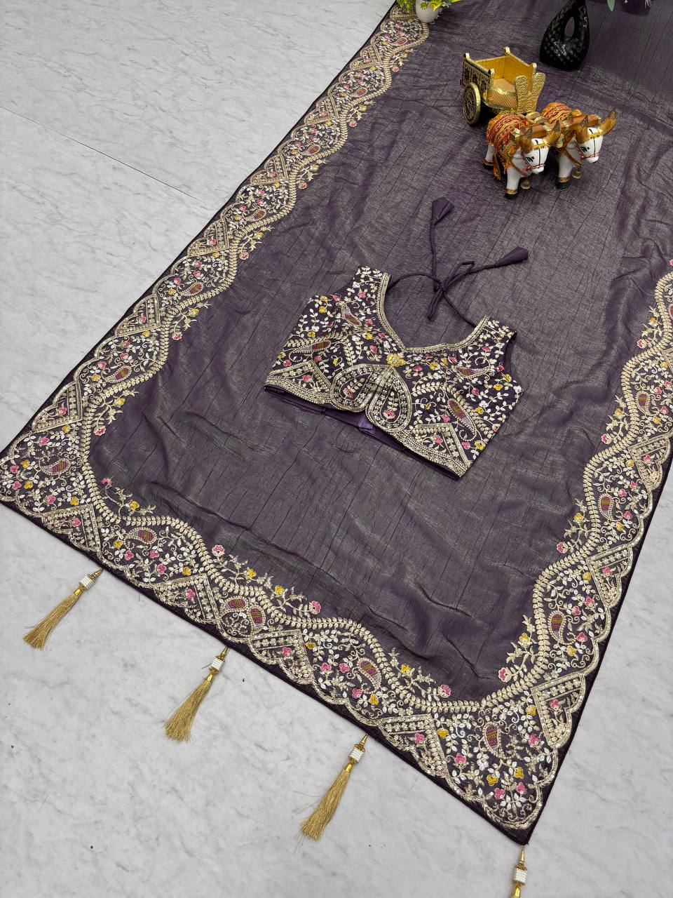 Festival Wedding Saree in Silver Crunchy Fabric with Heavy Thread and Sequence Embroidery Work