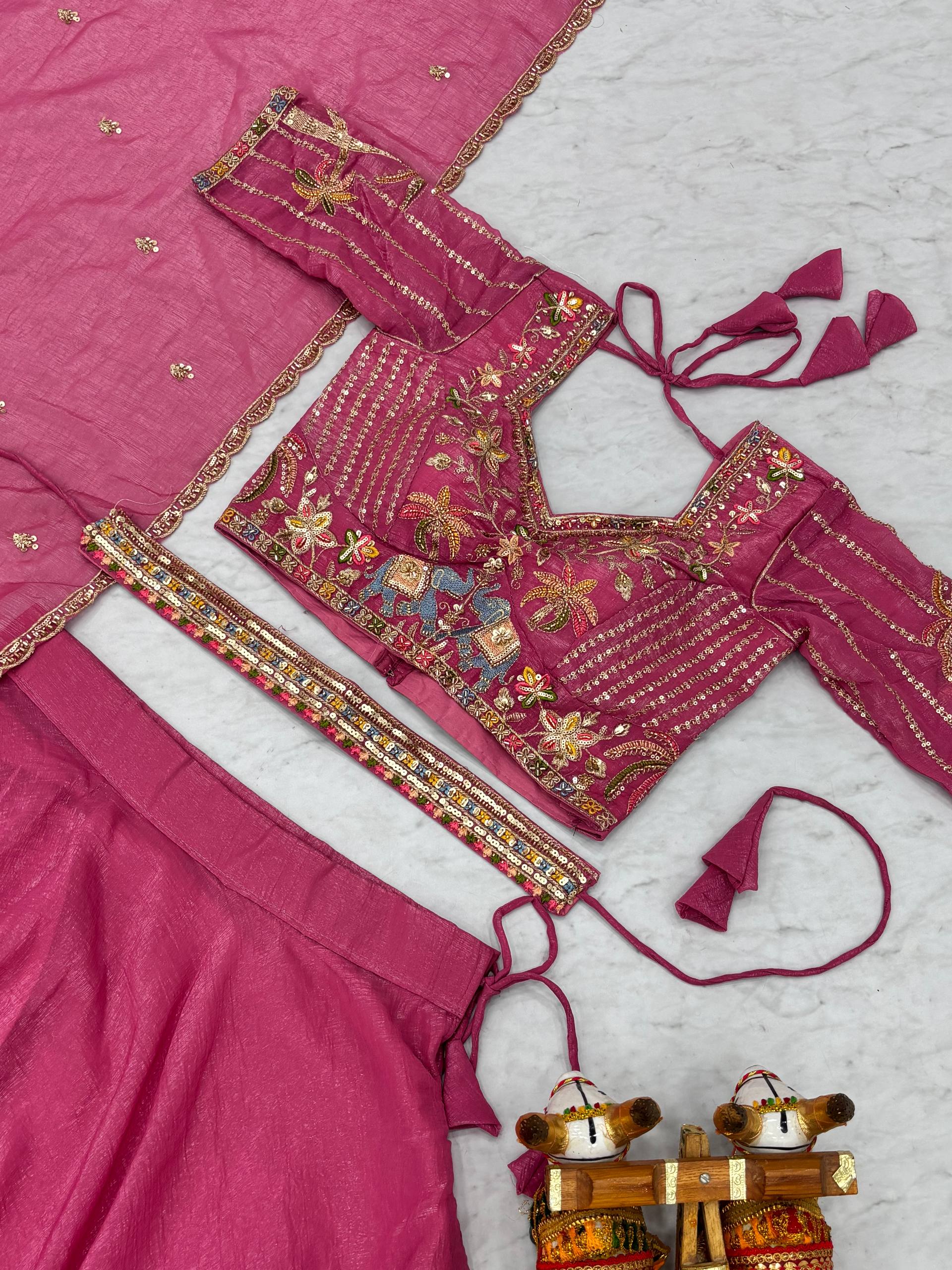 Bridal Wedding Crunchy Lehenga Choli with Heavy Embroidery and 9 Meter Flair - Fully Stitched