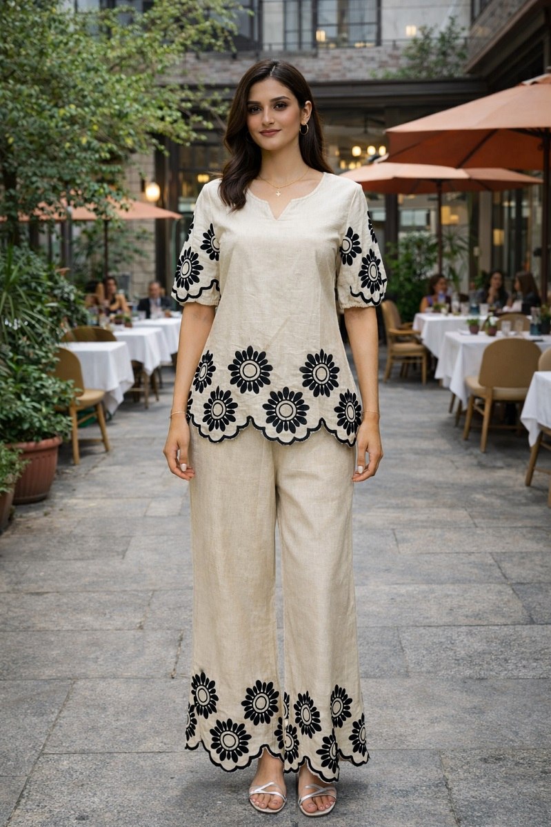 Women's Cotton Embroidered Chain Stitch Co-Ord Set with V-Neck Top and Pant - Fully Stitched
