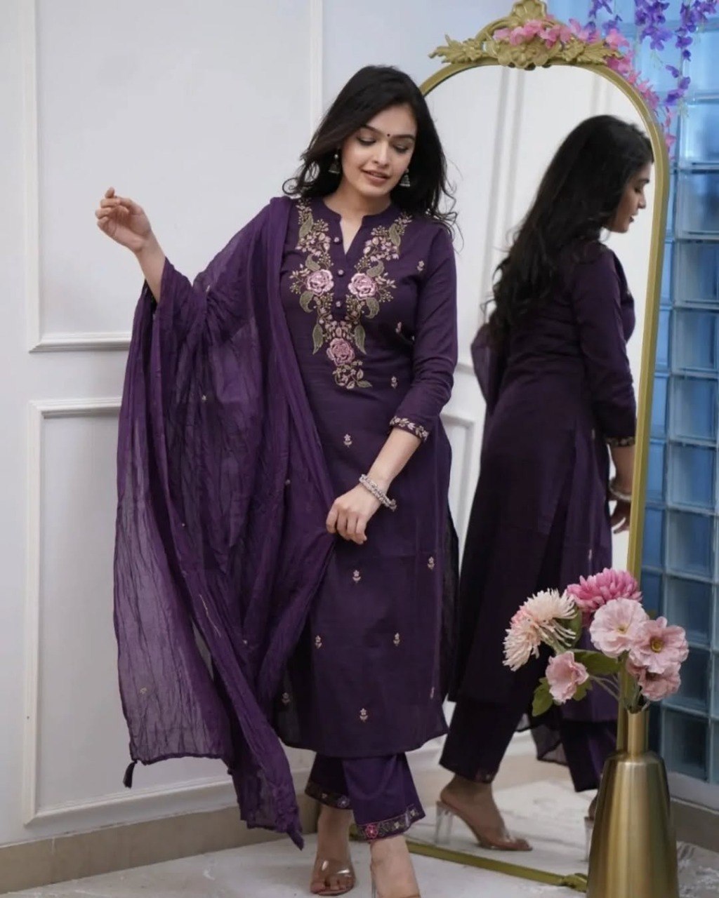 Stylish Viscose Rayon Embroidered Kurta Pant Set with Nazmin Dupatta for Party Wear - Fully Stitched