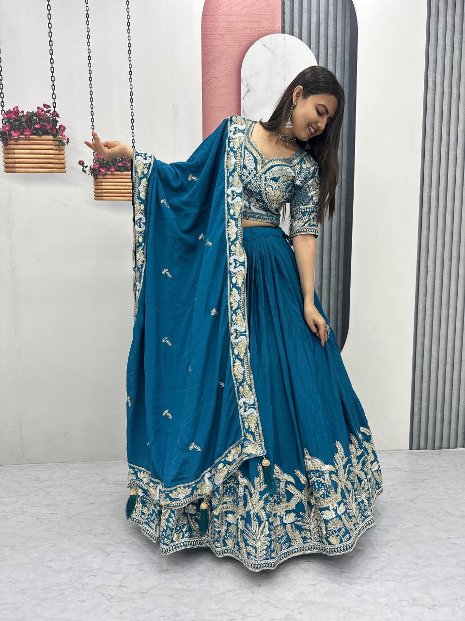 New Festival Chinon Lehenga Choli with Heavy Embroidered Dupatta - Fully Stitched