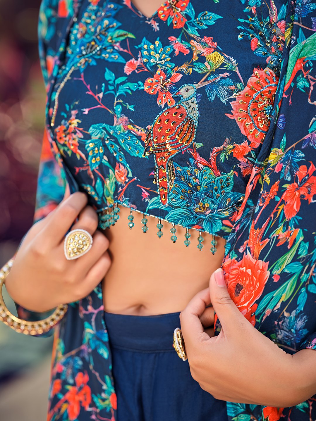 Premium Teal Silk Indo-Western Co-Ord Set with Embroidered Top and Printed Shrug - Fully Stitched