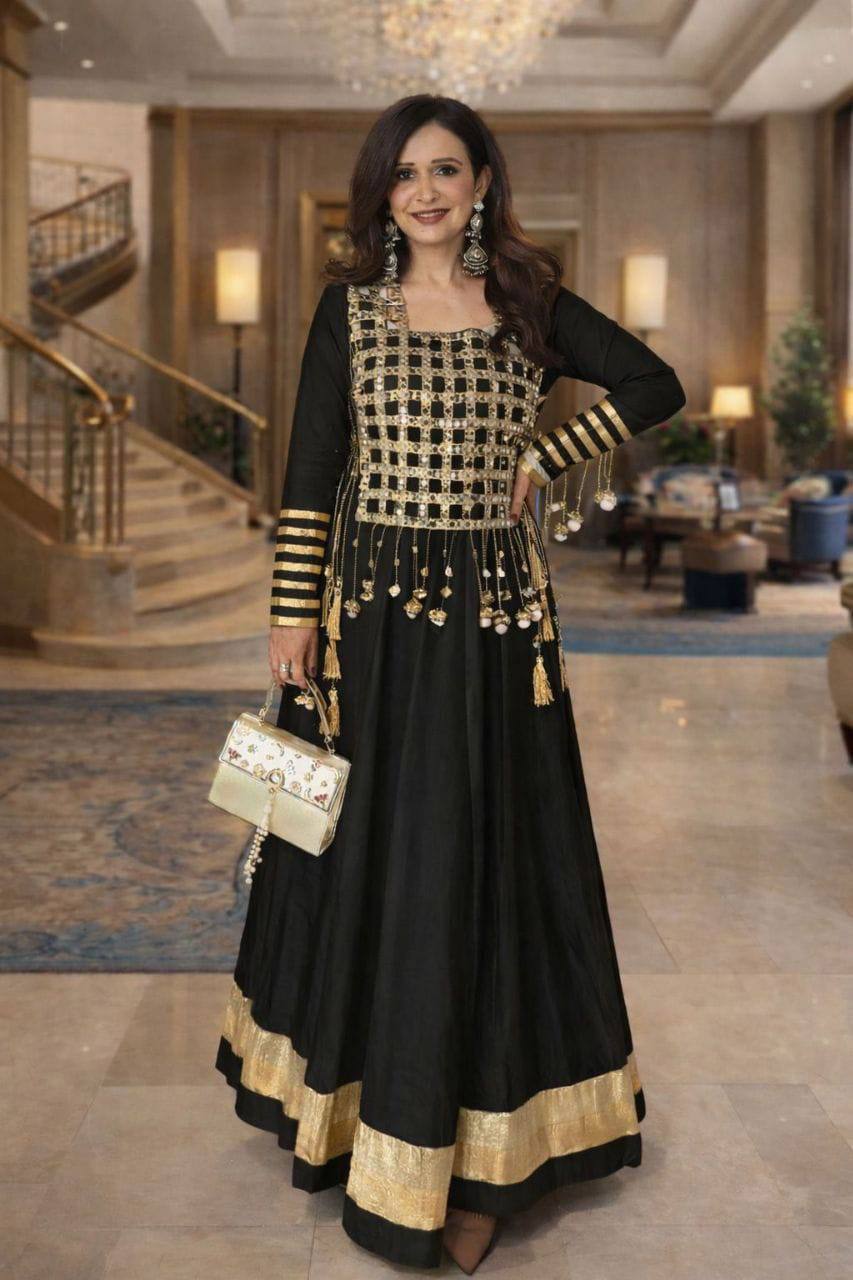 Designer Georgette Top, Silk Pant & Mirror Work Jacket Set