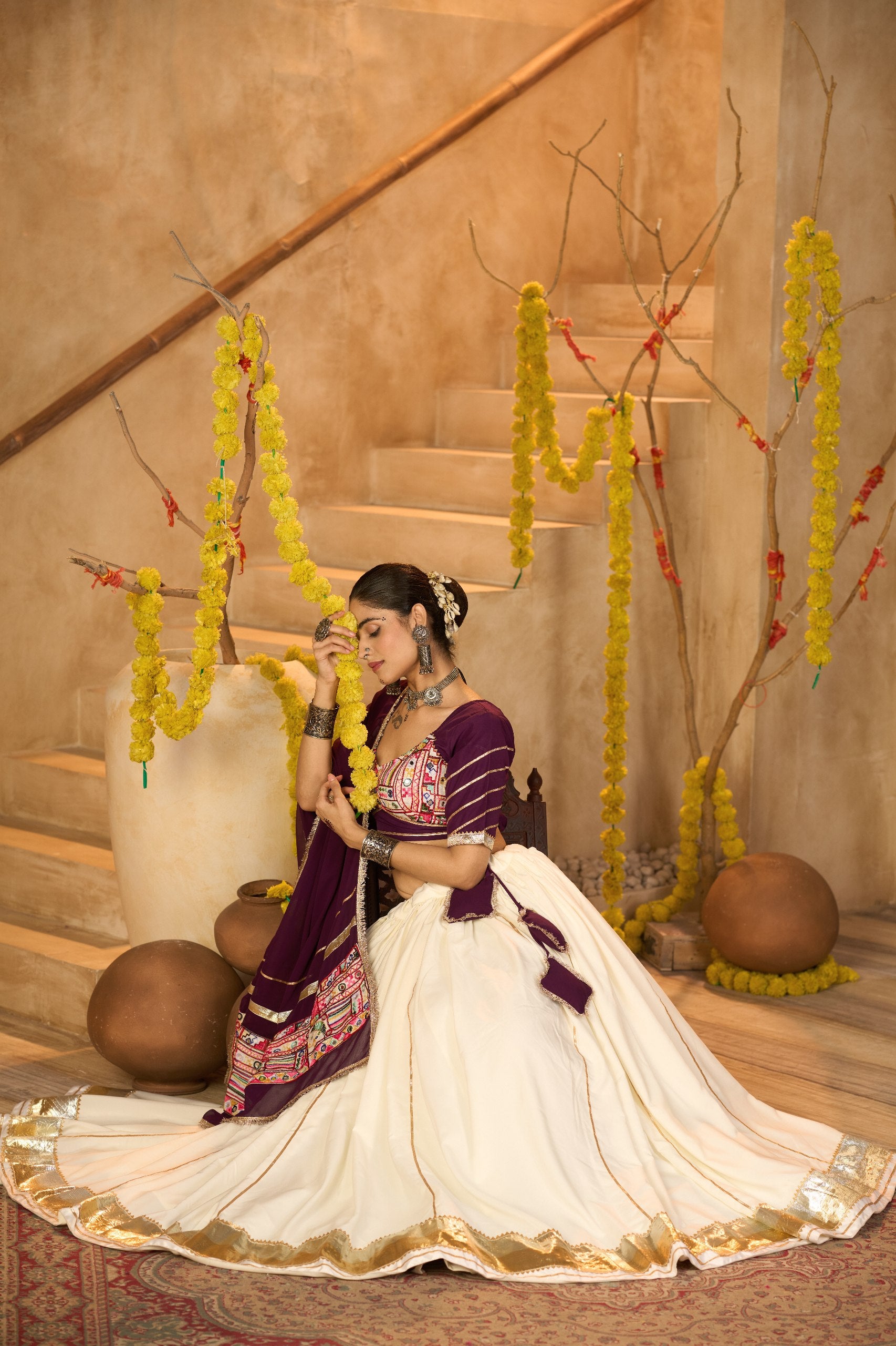 Navratri Special Off White Crepe Chaniya Choli with Gota Patti and Mirror Work