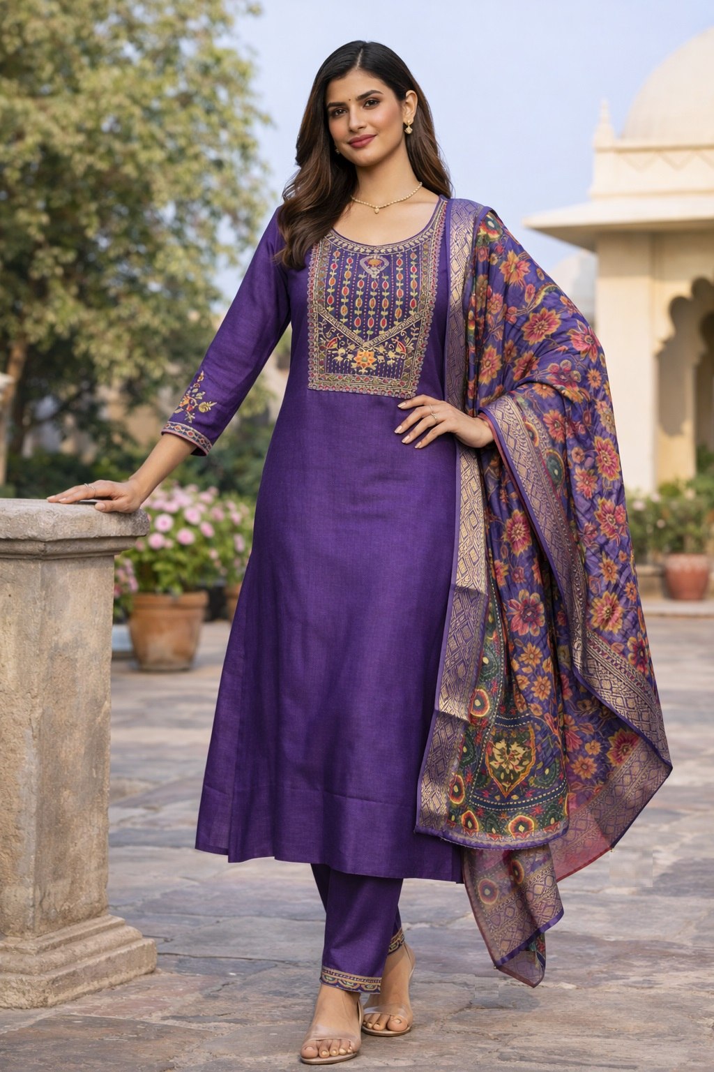 Designer Cotton Silk Kurti Pant Set with Jacquard Shimmer Dupatta | Wedding & Festive Wear Collection