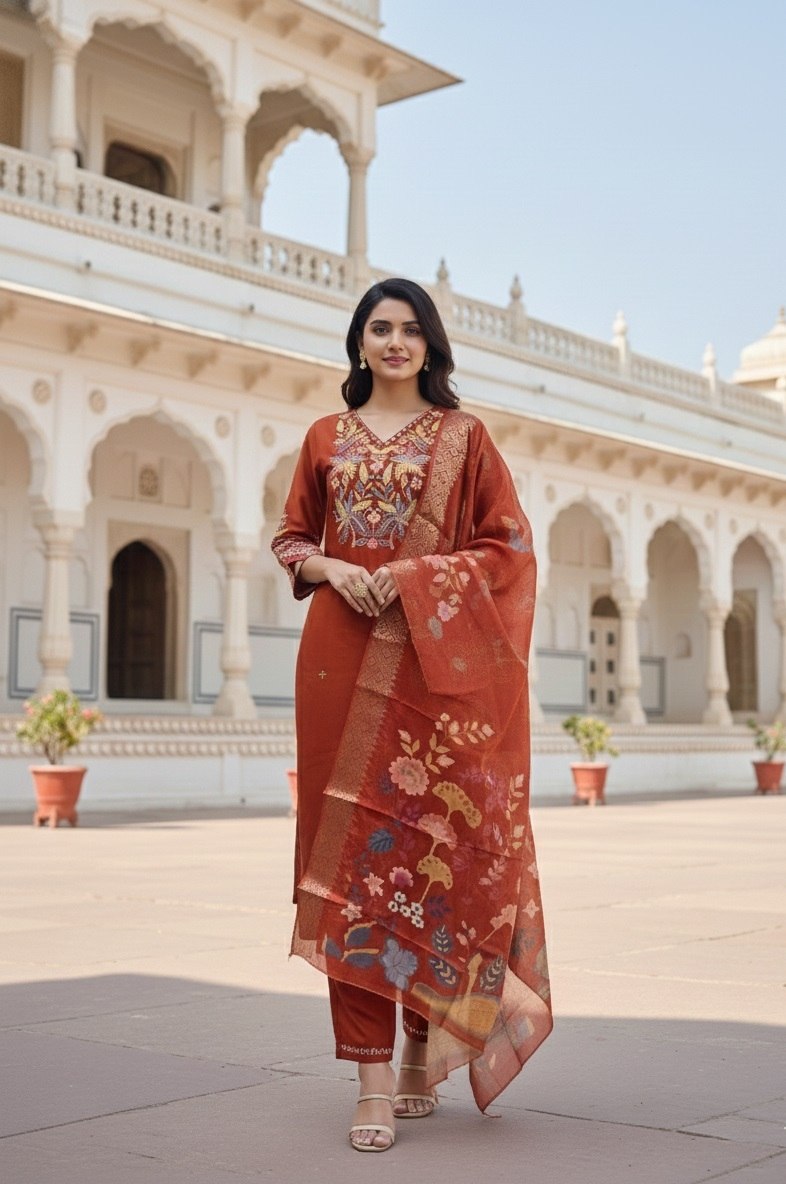 Designer Cotton Silk Embroidered Kurti Pant Set with Digital Print Dupatta - Fully Stitched