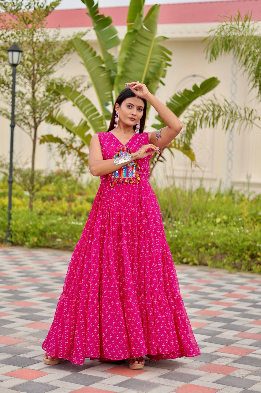 Navratri Special Faux Georgette Gown with Embroidery Thread Work and Real Mirror - Fully Stitched