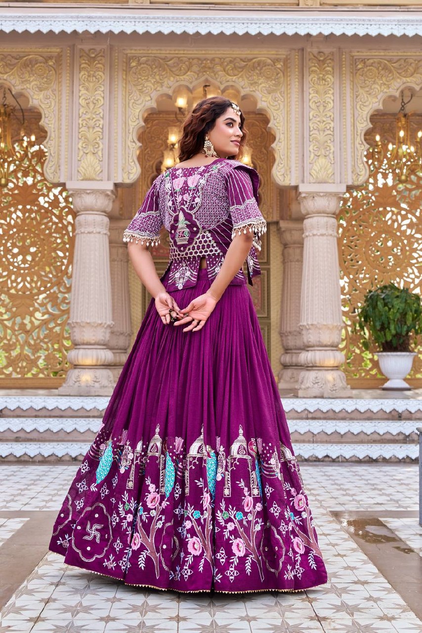 Festival Collection Pure Vichitra Lehenga Choli with Embroidered Koti - Fully Stitched