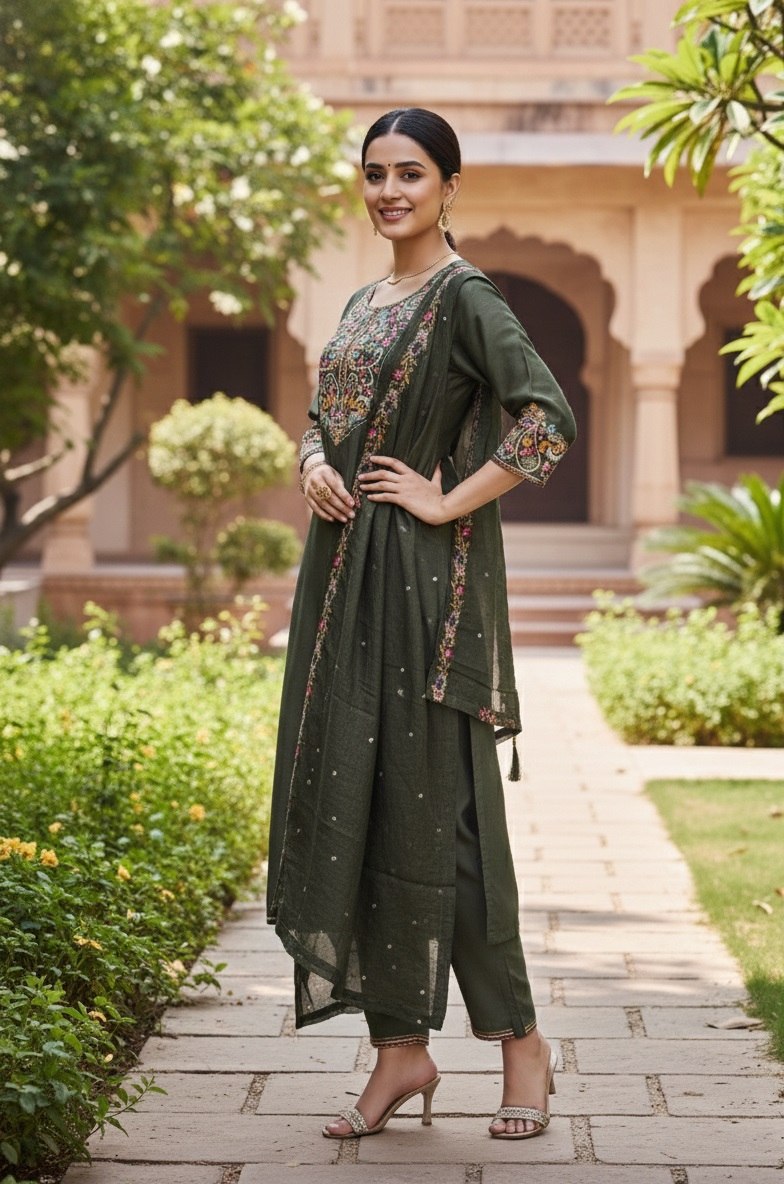 Designer Cotton Silk Embroidered Kurti Pant Set with Dupatta - Fully Stitched