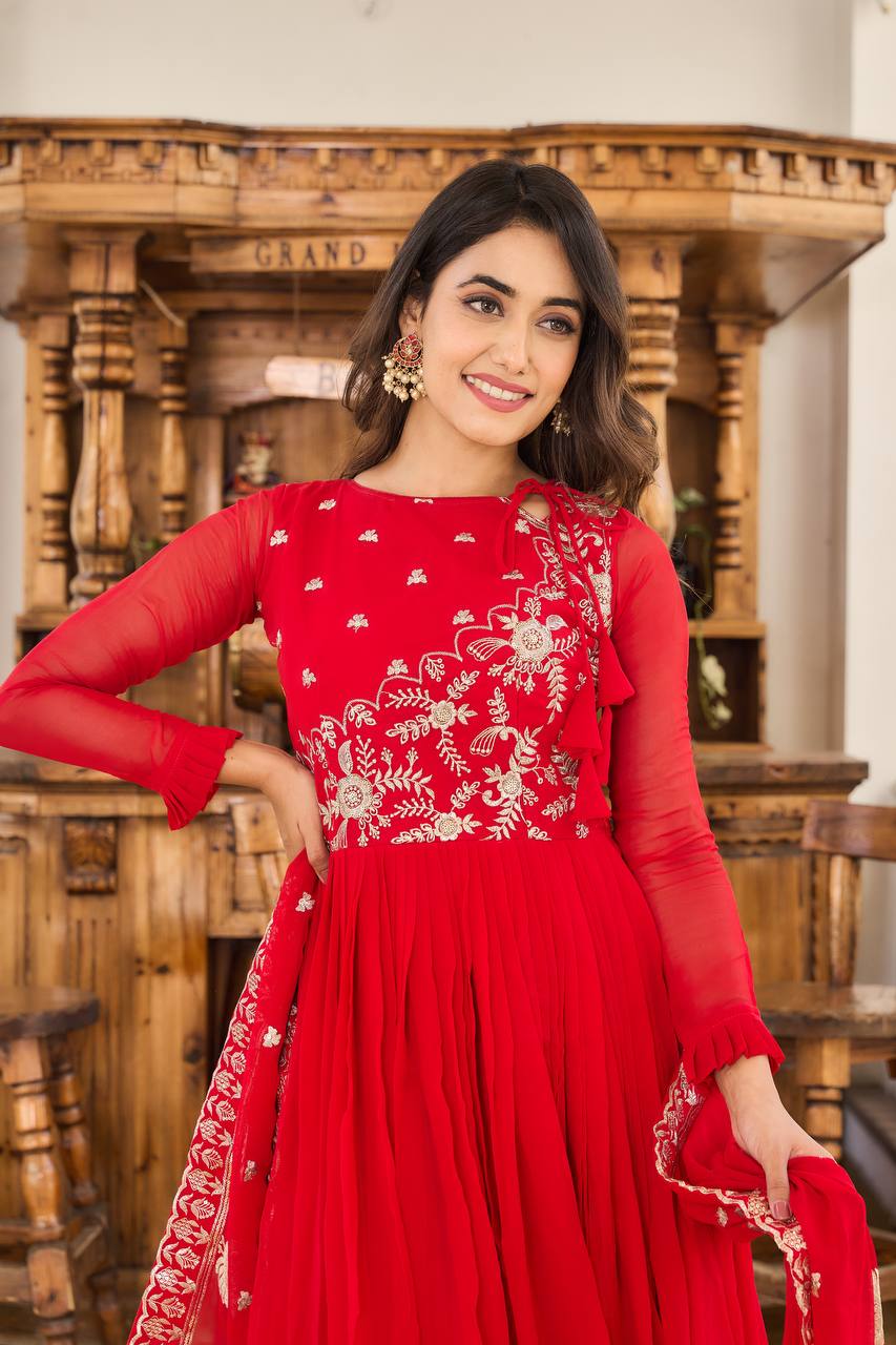 New Festival Collection Fox Georgette Long Gown with Heavy 3MM Sequence Embroidery Dupatta - Fully Stitched