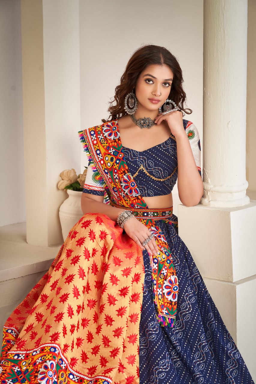 Navratri Special Blue Bandhani Chaniya Choli with Mirror Work and Silk Dupatta