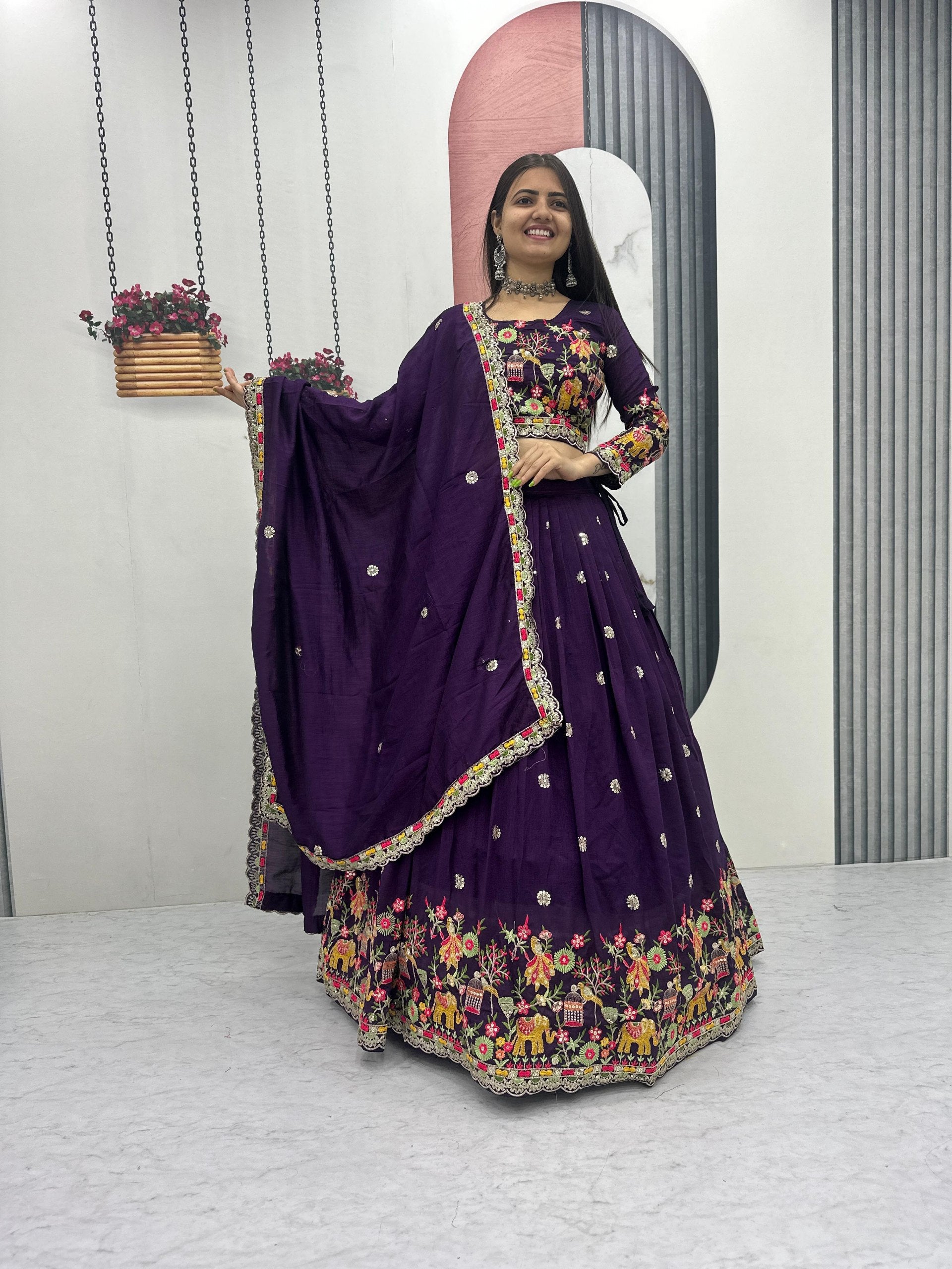 Designer Chinon Lehenga Choli with Embroidery Coding Thread Work - Fully Stitched