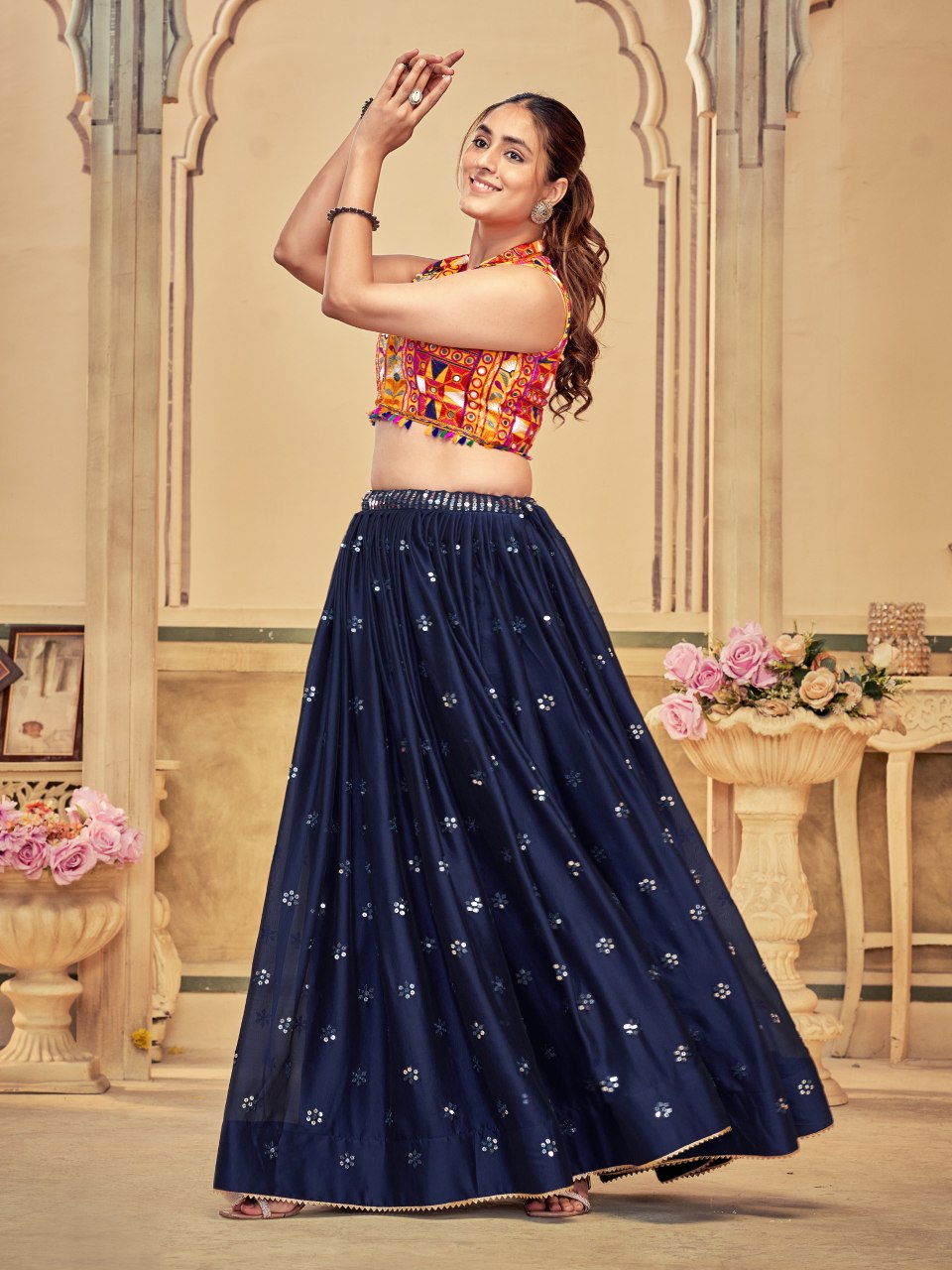 Navratri Special Blue Rangoli Silk Chaniya Choli with Embroidered Lehenga