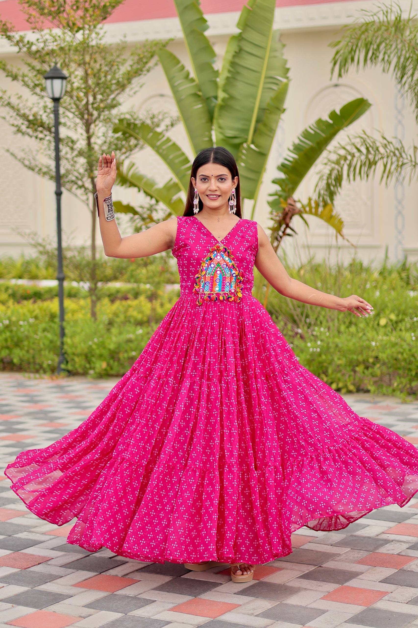 Navratri Special Faux Georgette Gown with Embroidery Thread Work and Real Mirror - Fully Stitched