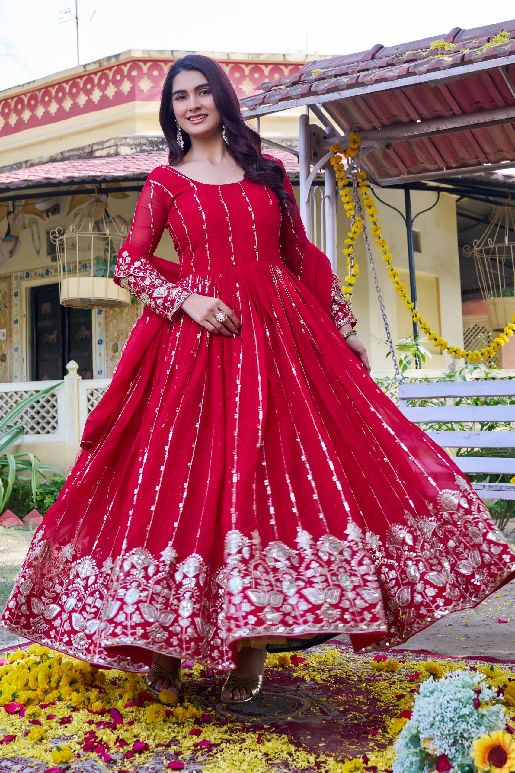 Festival Collection Fox Georgette Long Gown with Heavy 5MM Sequence Embroidery Dupatta - Fully Stitched